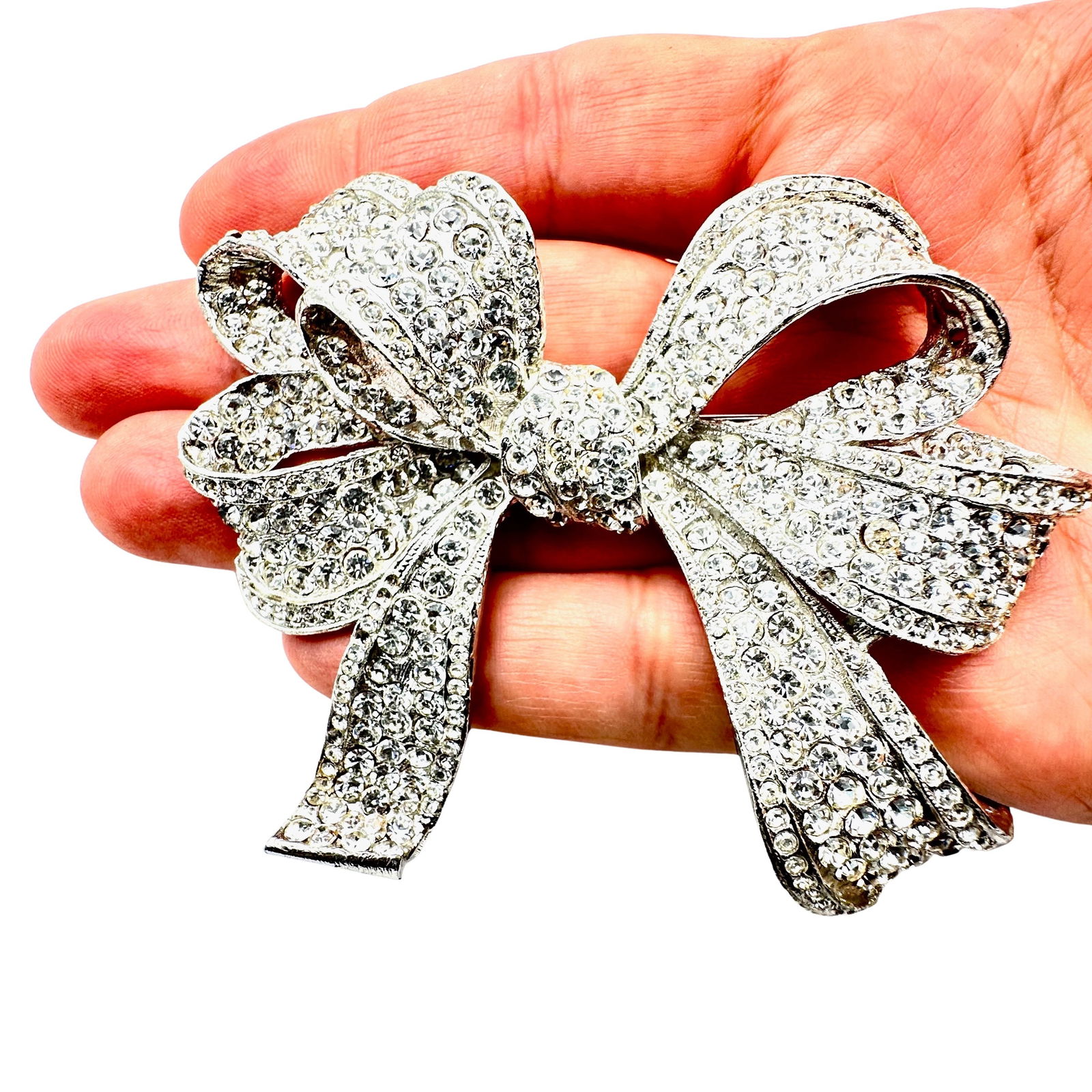Vintage Large Bow Brooch Pin Clear Rhinestones Silver Tone 3.5 Inch (1 of 2)