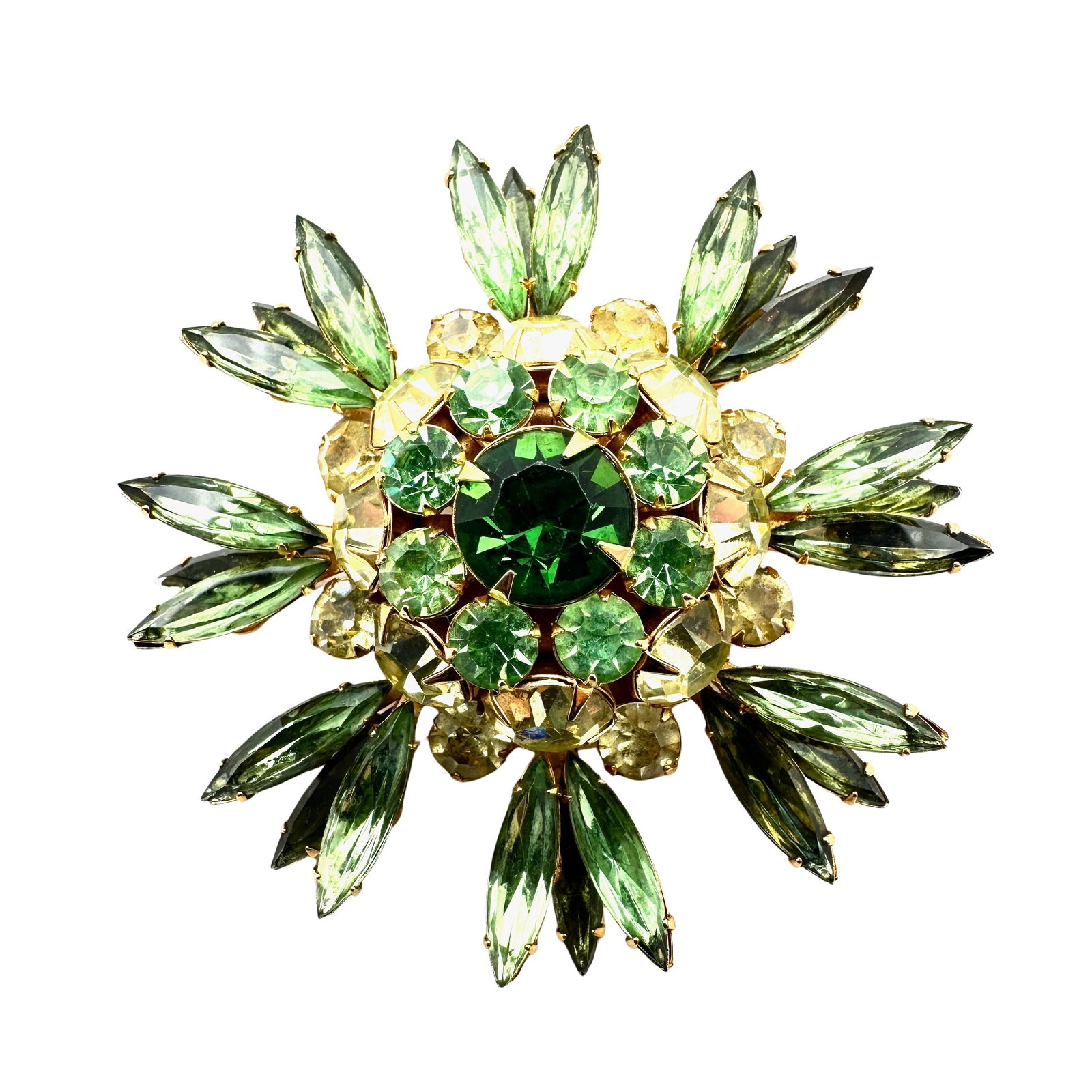 Vintage Yellow Green Glass Rhinestone Gold Tone Brooch Pin 2.5 Inch Beau Jewels or Judy Lee: Vintage Yellow Green Glass Rhinestone Gold Tone Brooch Pin 2.5 Inch Beau Jewels or Judy Lee
