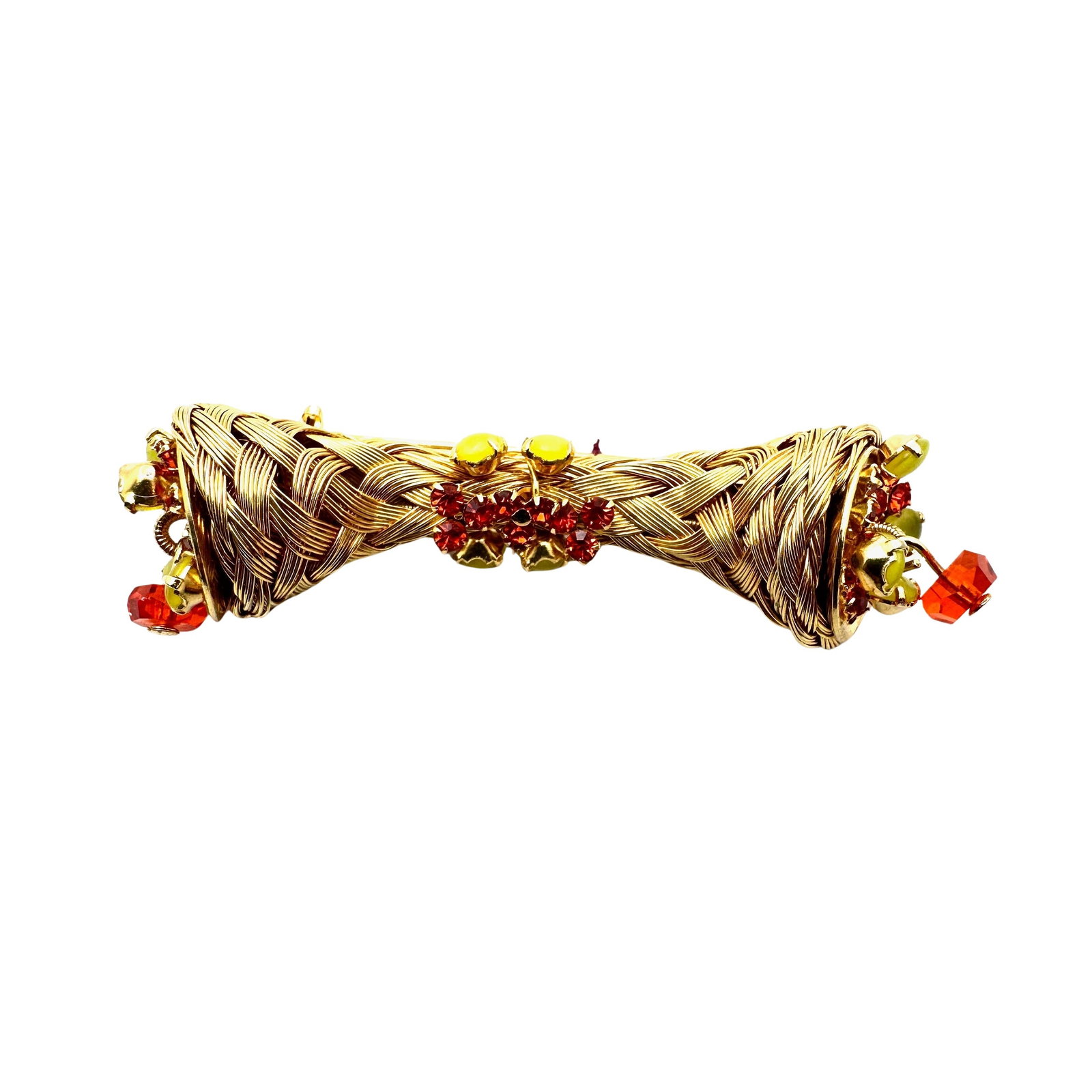 Vintage Orange Yellow Glass Rhinestone Gold Tone Brooch Pin Unusual Woven Design 2.5 Inch: Vintage Orange Yellow Glass Rhinestone Gold Tone Brooch Pin Unusual Woven Design 2.5 Inch