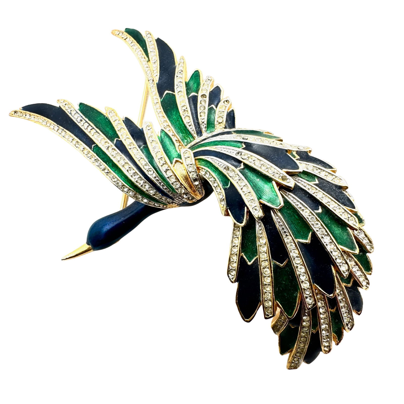 Vintage DeOrlean Blue Green Enamel Clear Rhinestone Bird Brooch Pin 3.5 Inch Gold Tone (1 of 2)