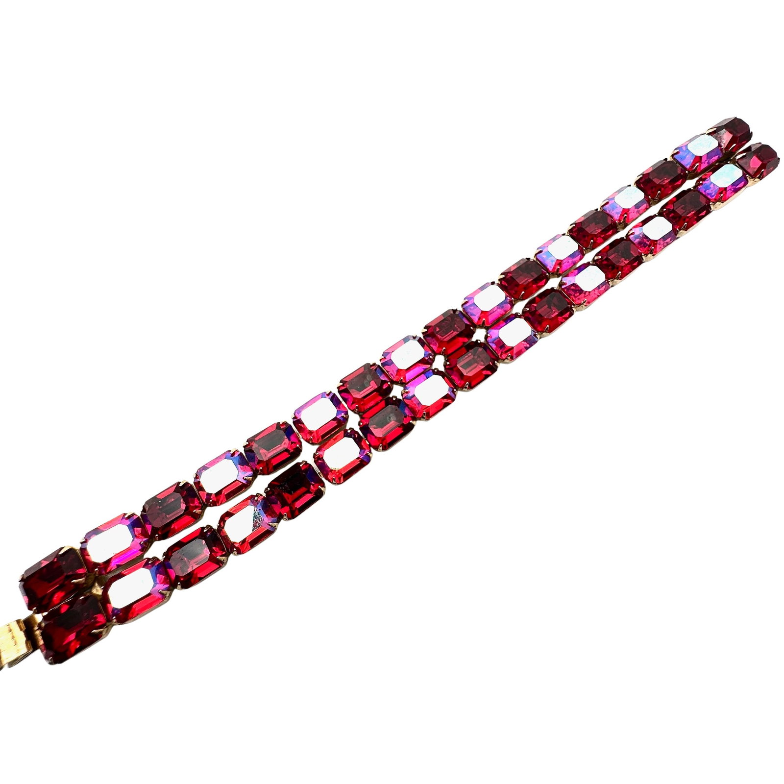 Vintage Kramer Red Aurora Borealis Glass Rhinestone Gold Tone Bracelet 7 Inch Pristine Condition: Vintage Kramer Red Aurora Borealis Glass Rhinestone Gold Tone Bracelet 7 Inch Pristine Condition