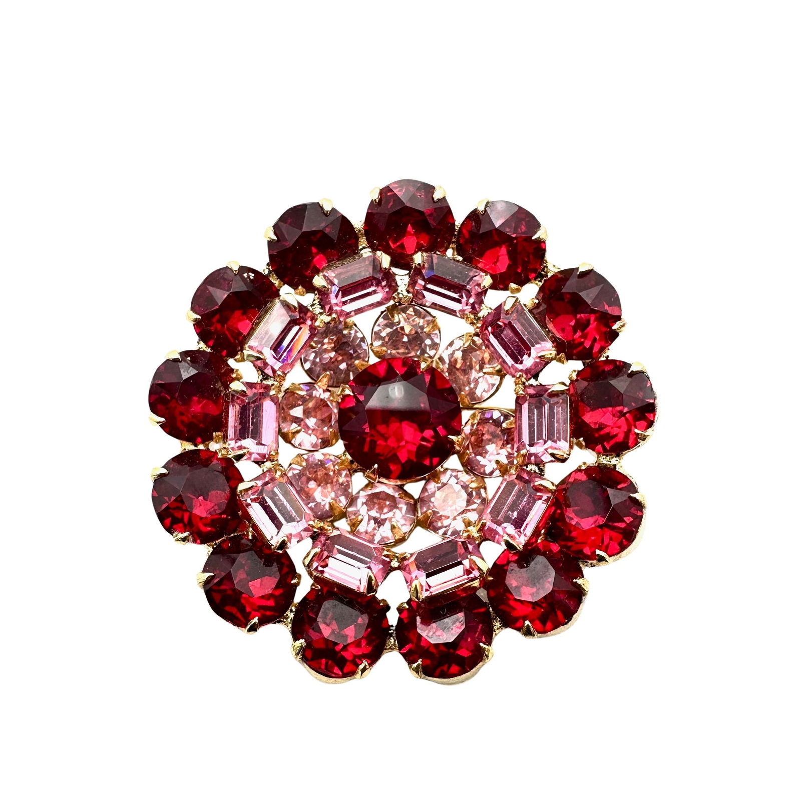 Vintage Kramer of NY Pink Red Glass Rhinestone Gold Tone Brooch Pin 2 Inch (1 of 2)
