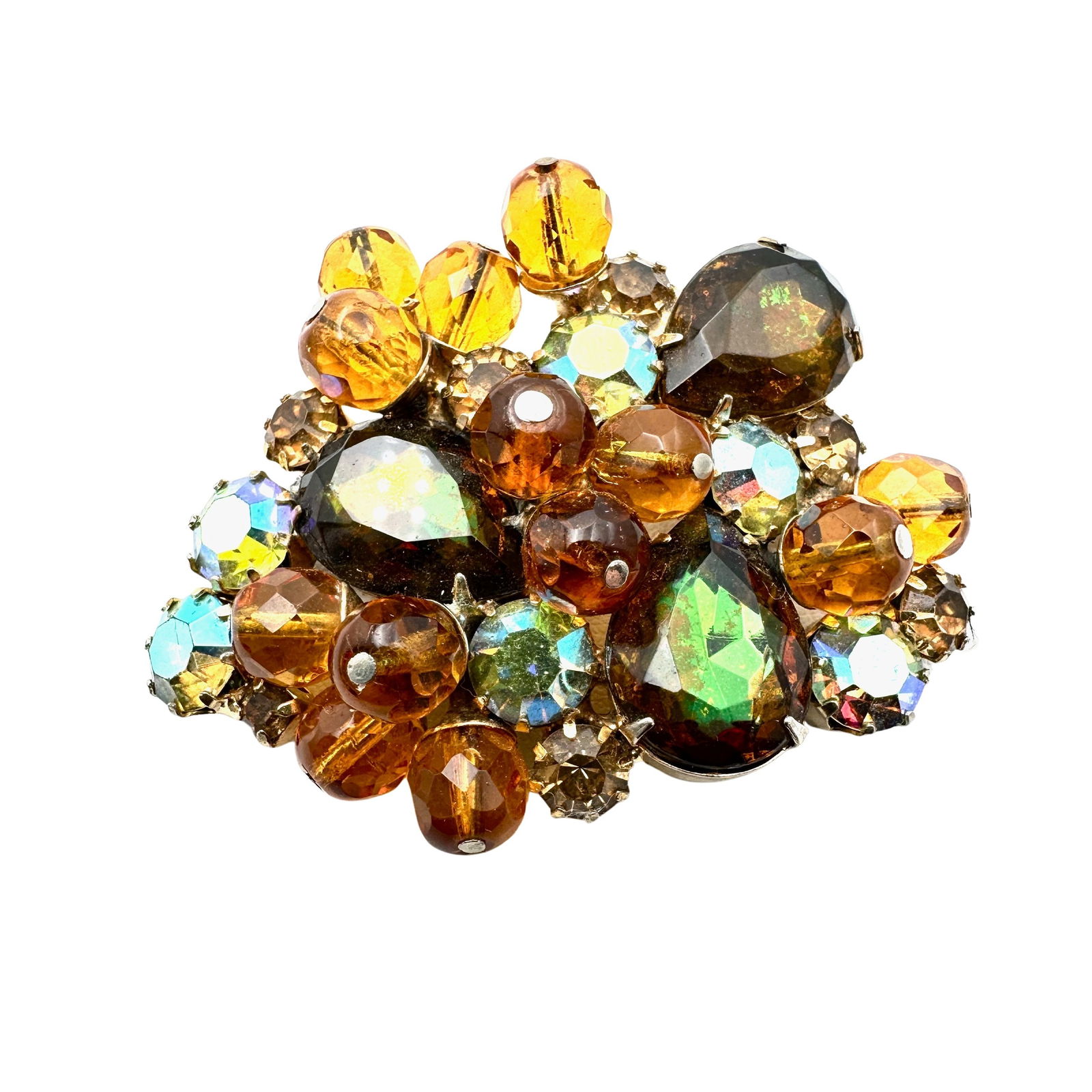 Vintage High End Amber Colored Glass Rhinestones Crystal Bead Gold Tone Brooch Pin 2.5 Inch (1 of 2)