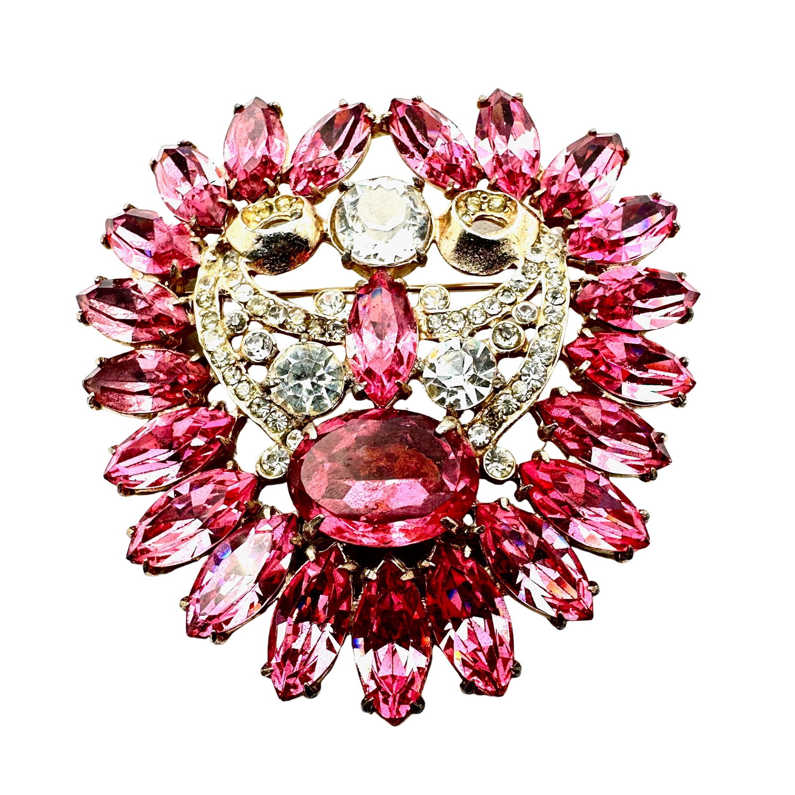 Vintage Joseph Weisner New York Pink Glass Rhinestone Gold Tone Brooch 3 Inch: Vintage Joseph Weisner New York Pink Glass Rhinestone Gold Tone Brooch 3 Inch
