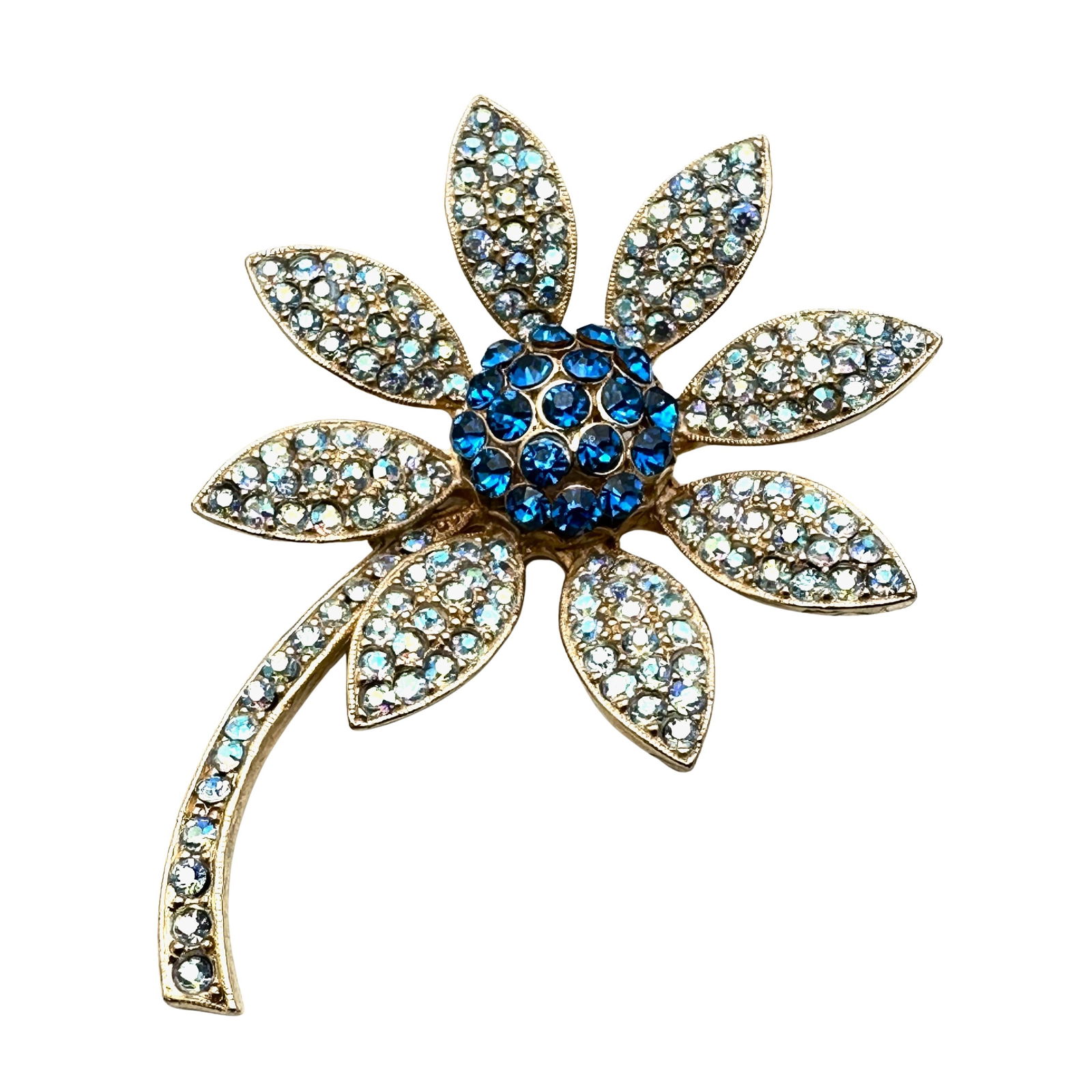 Vintage Weiss Blue Aurora Borealis Glass Rhinestone Gold Tone Flower Brooch Pin 2.75 Inch (1 of 2)