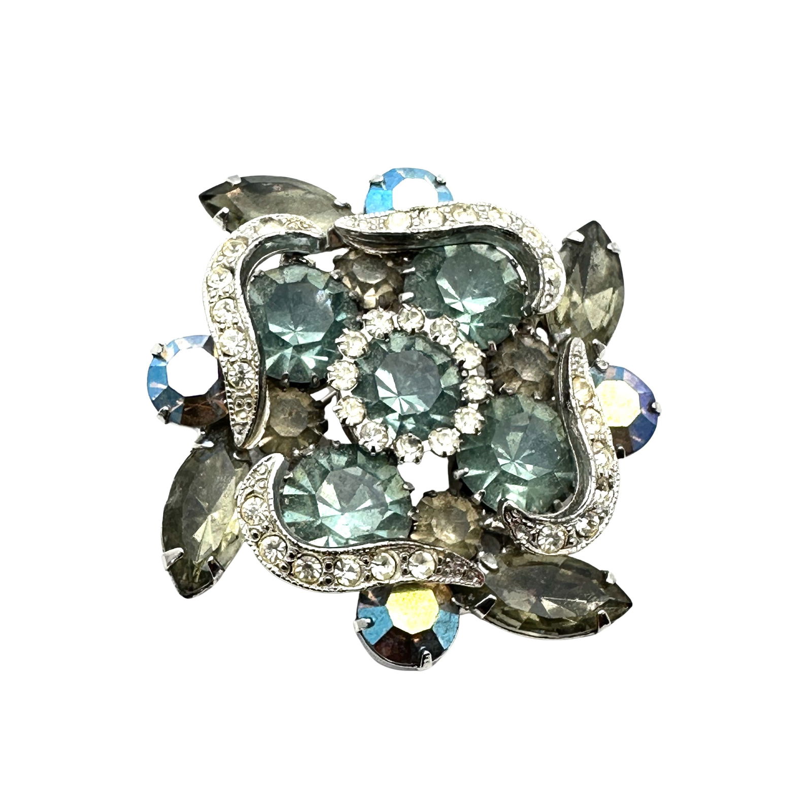 Vintage Light Blue & Grey Glass Rhinestone Brooch Pin Silver Tone 2 Inch (1 of 2)