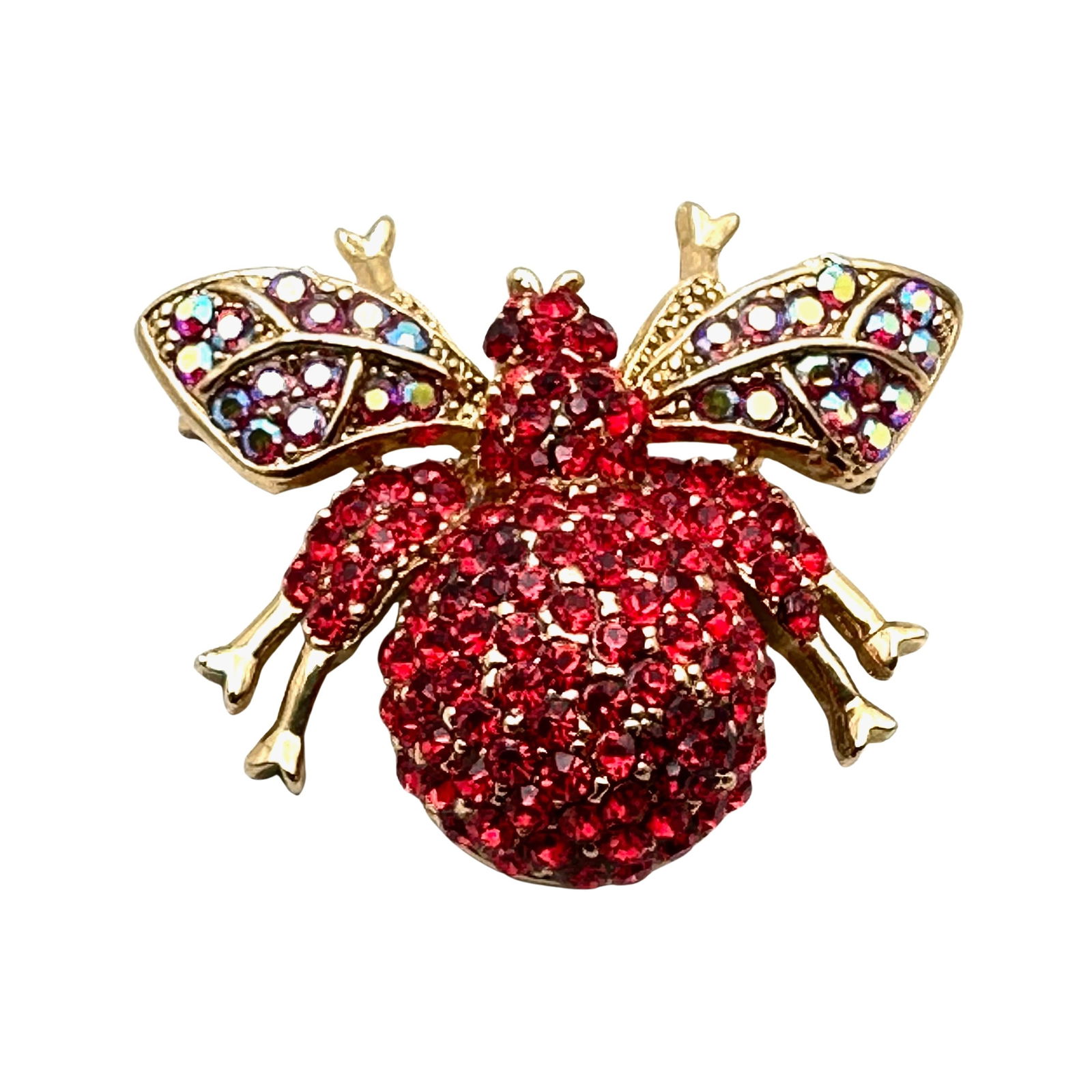 Vintage Red Aurora Borealis Rhinestone Bee Bug Gold Tone Brooch Pin 1.5 Inch Signed But Unreadable (1 of 2)