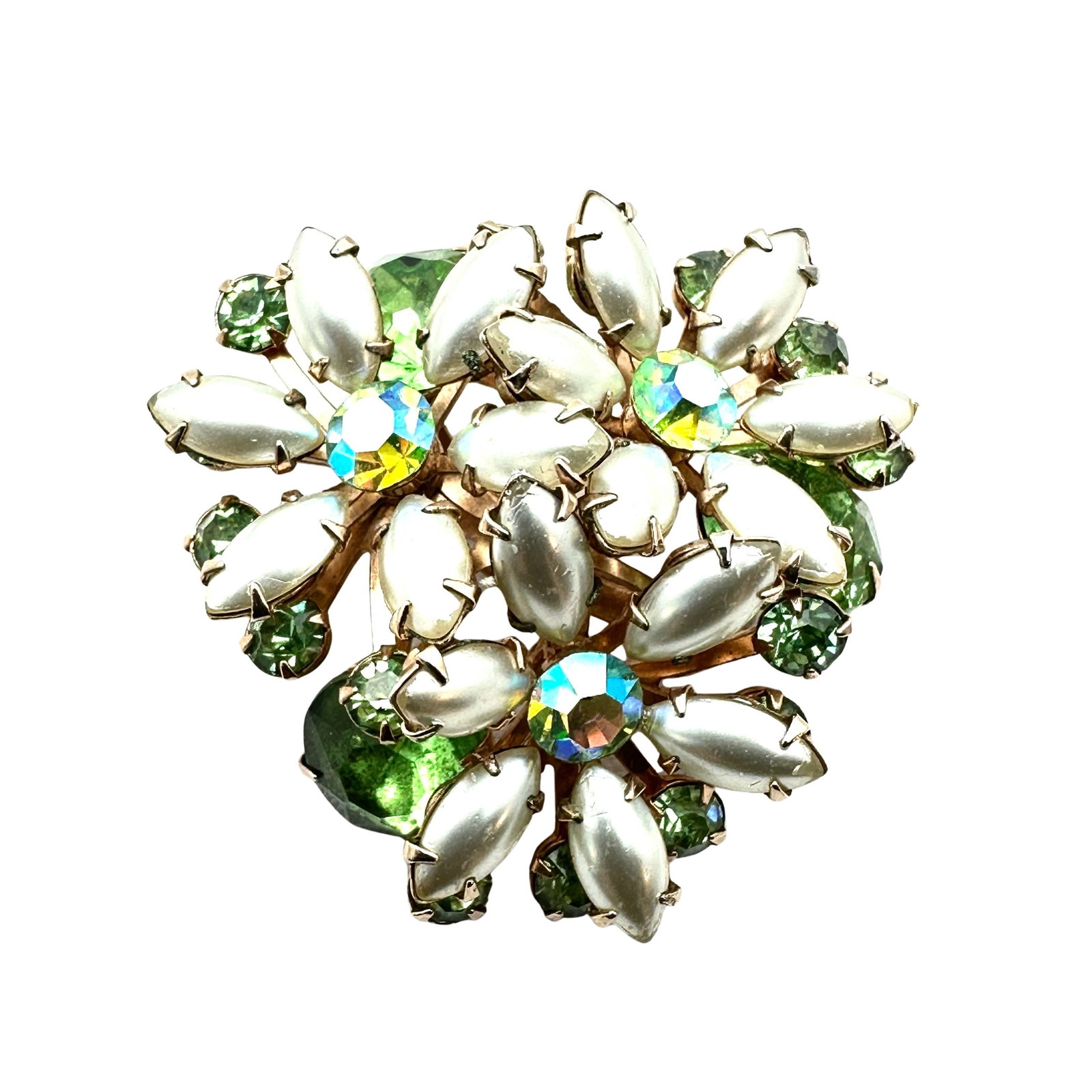 Vintage Green Rhinestone Faux Pearl Flower Gold Tone Brooch Pin 1.5 Inch: Vintage Green Rhinestone Faux Pearl Flower Gold Tone Brooch Pin 1.5 Inch