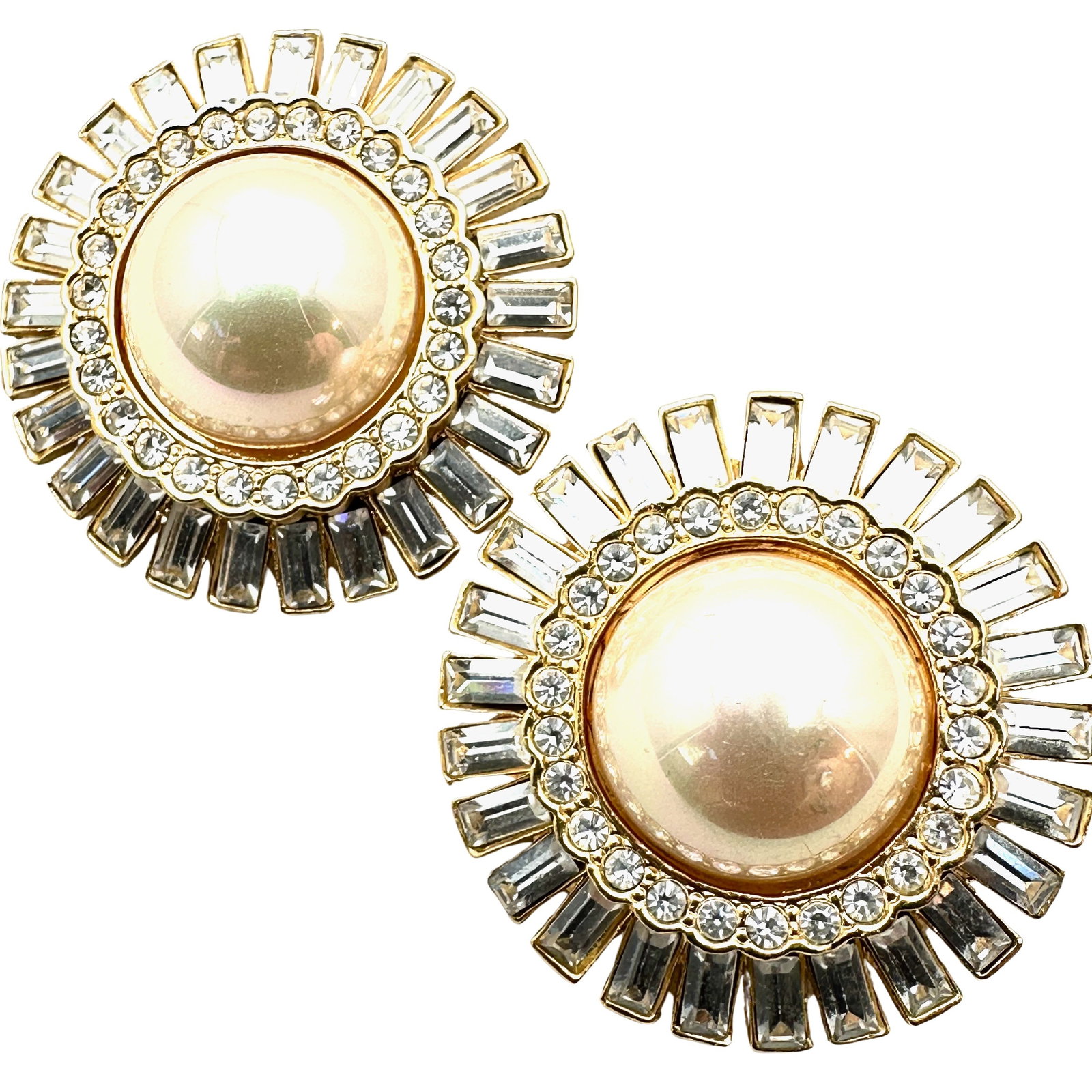 Vintage Clear Rhinestone Baguette Faux Pearl Gold Tone Clip Earrings Pristine Condition: Vintage Clear Rhinestone Baguette Faux Pearl Gold Tone Clip Earrings Pristine Condition