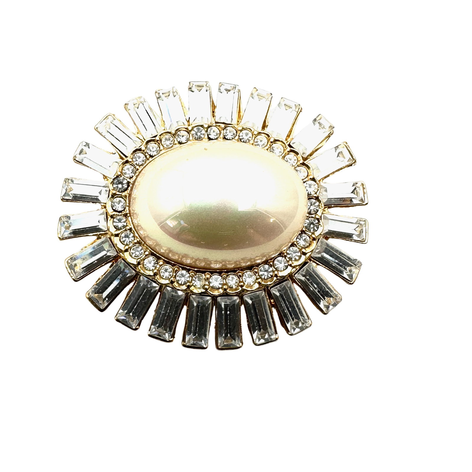 Vintage Clear Rhinestone Baguette Faux Pearl Gold Tone Brooch Pin 1.5 Inch Pristine Condition: Vintage Clear Rhinestone Baguette Faux Pearl Gold Tone Brooch Pin 1.5 Inch Pristine Condition