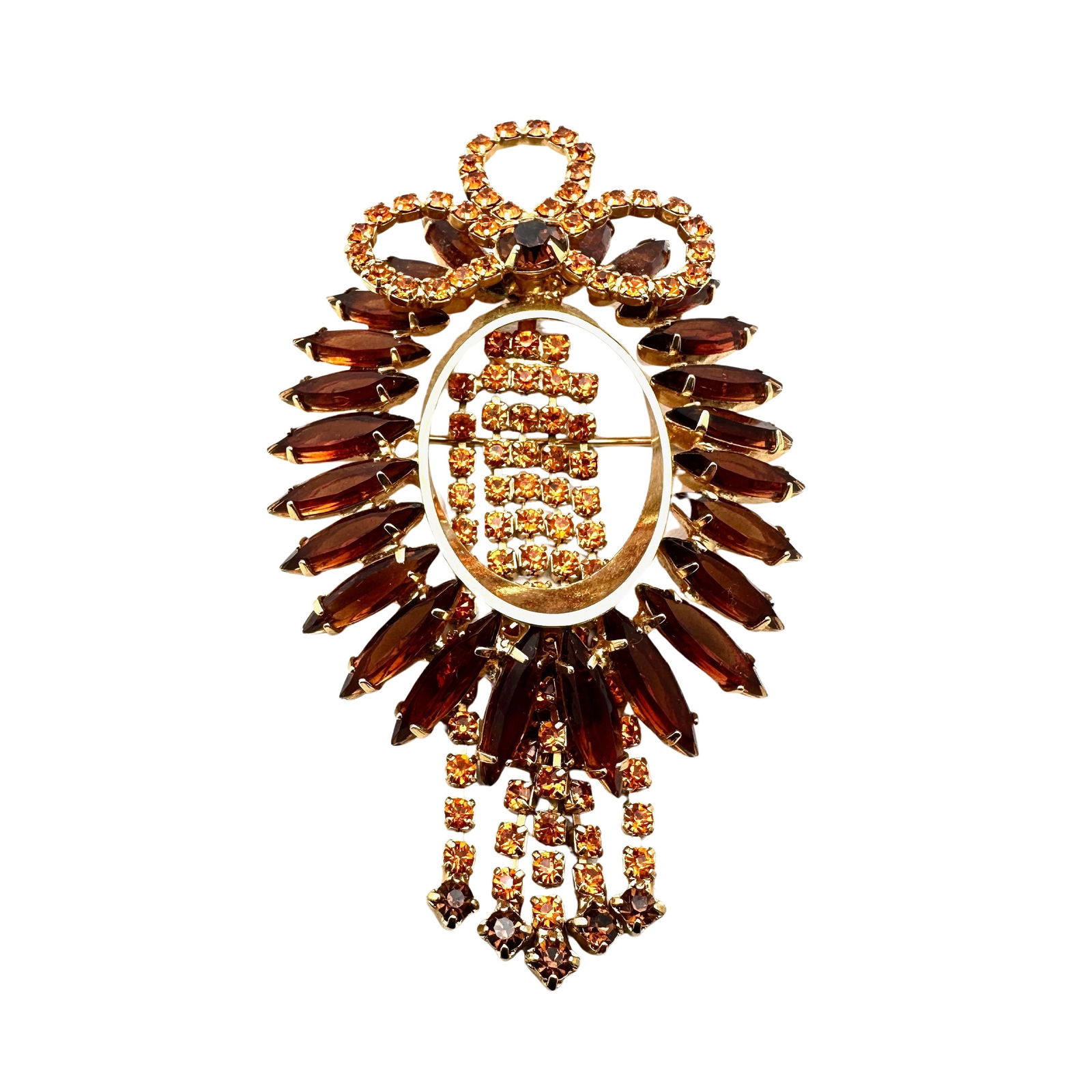 Vintage Orange & Amber Glass Rhinestone Gold Tone Brooch Pin 3 Inch Unique Design (1 of 2)