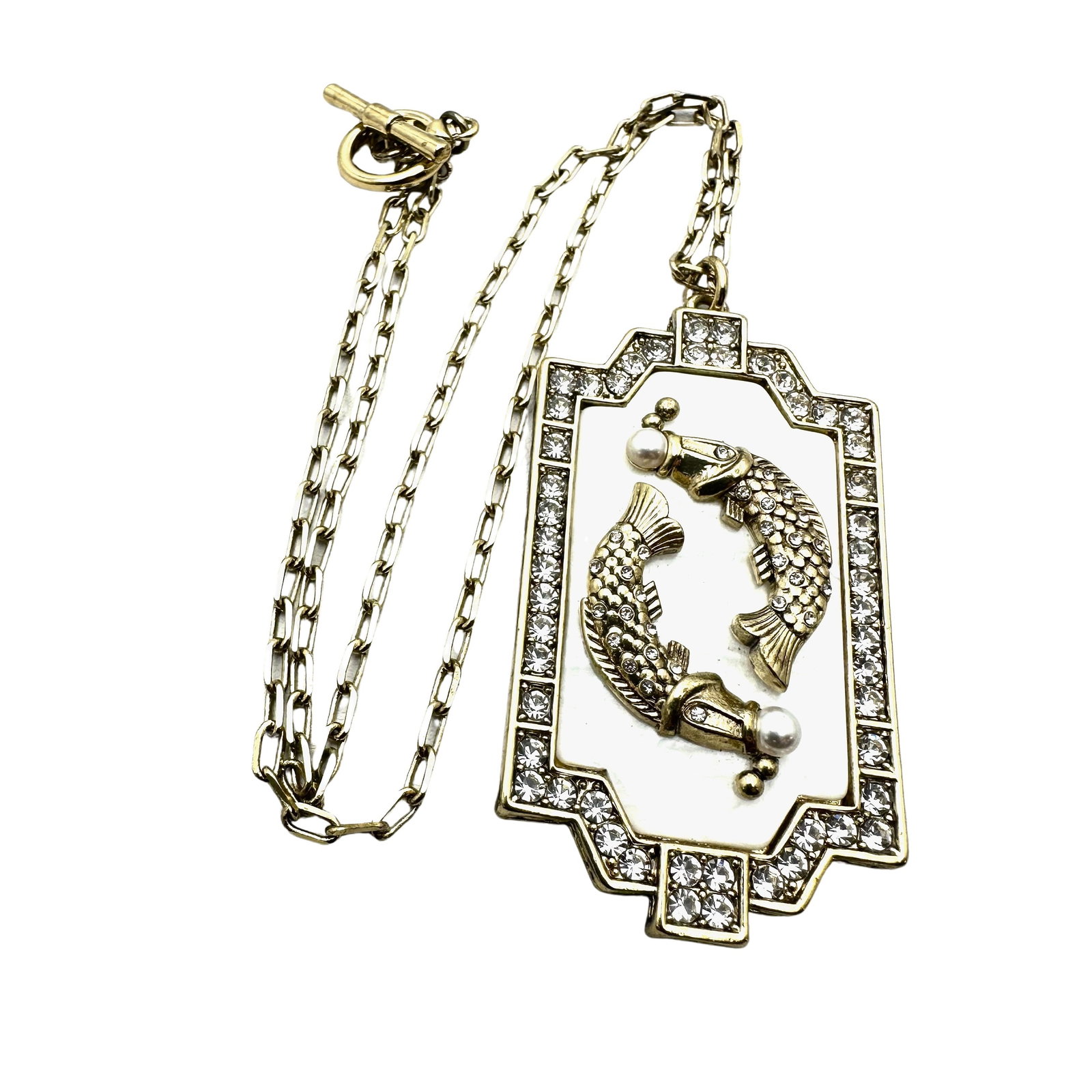 Pisces Crystal Pearl Pendant Necklace Gold Tone 20 Inch Chain Toggle Clasp: Pisces Crystal Pearl Pendant Necklace Gold Tone 20 Inch Chain Toggle Clasp