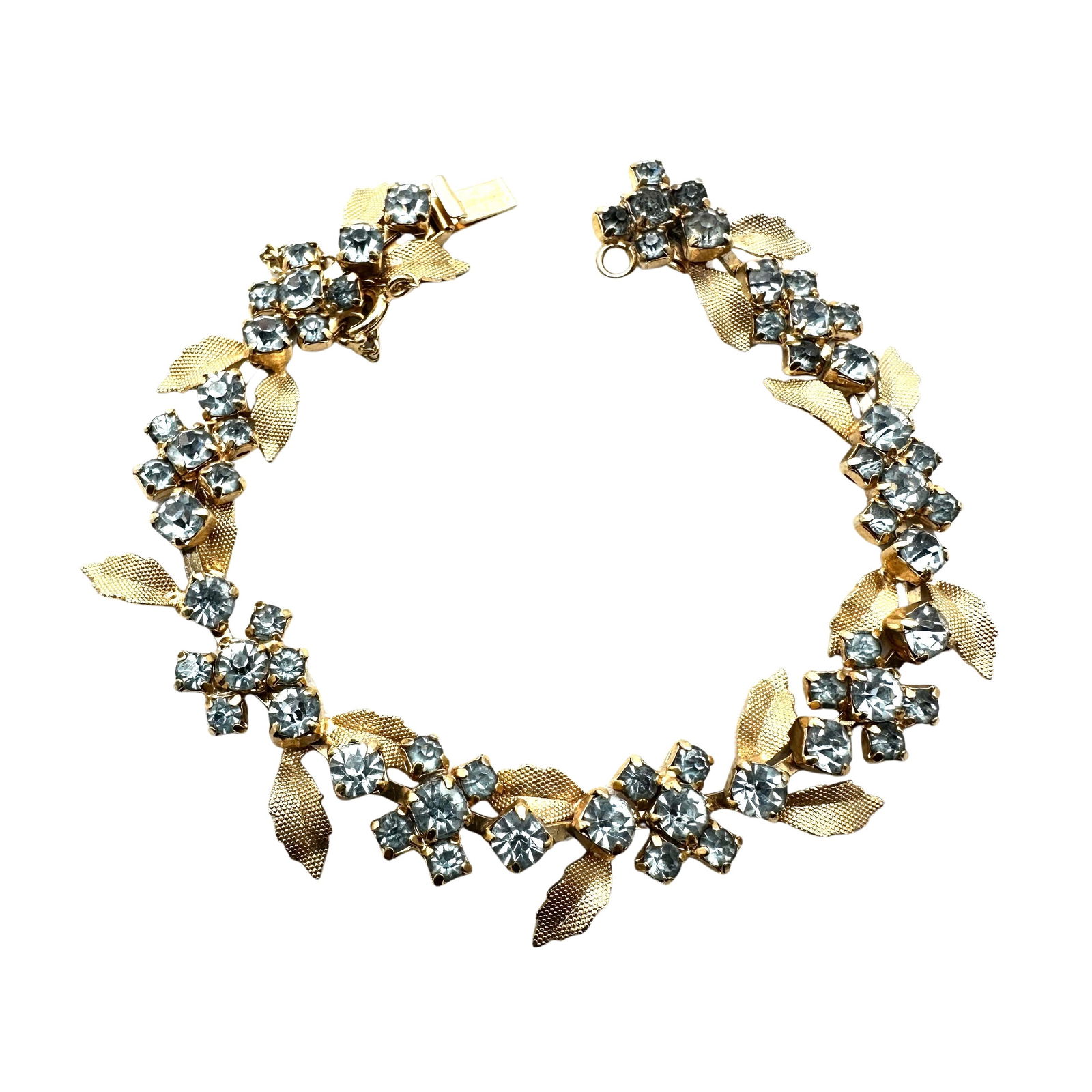 Vintage Light Blue Glass Rhinestone Gold Tone Leaf Design Bracelet 7 Inch Length (1 of 2)