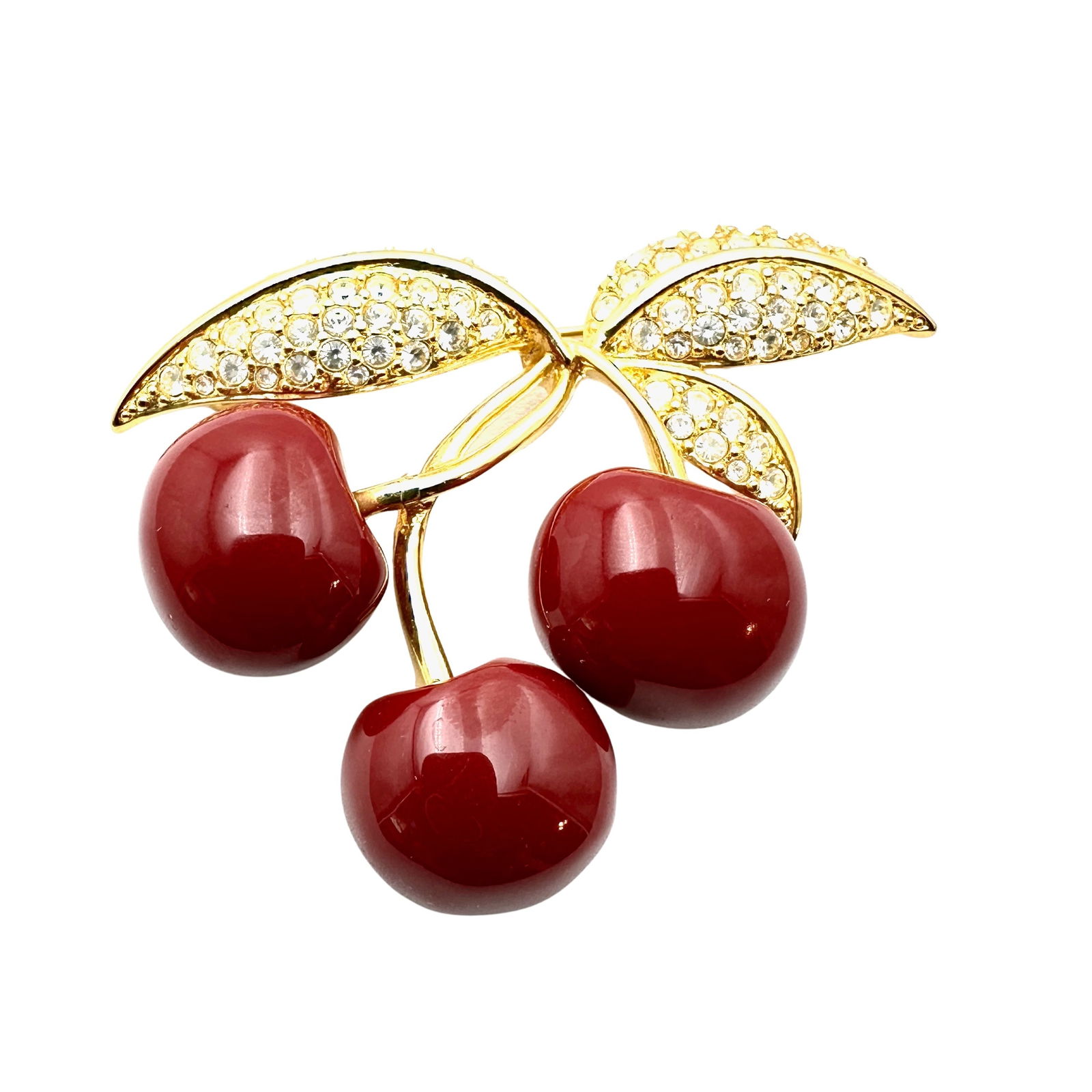 Vintage Joan Rivers Clear Rhinestone Red Cherry Gold Tone Brooch Pin 2.5 Inch (1 of 2)