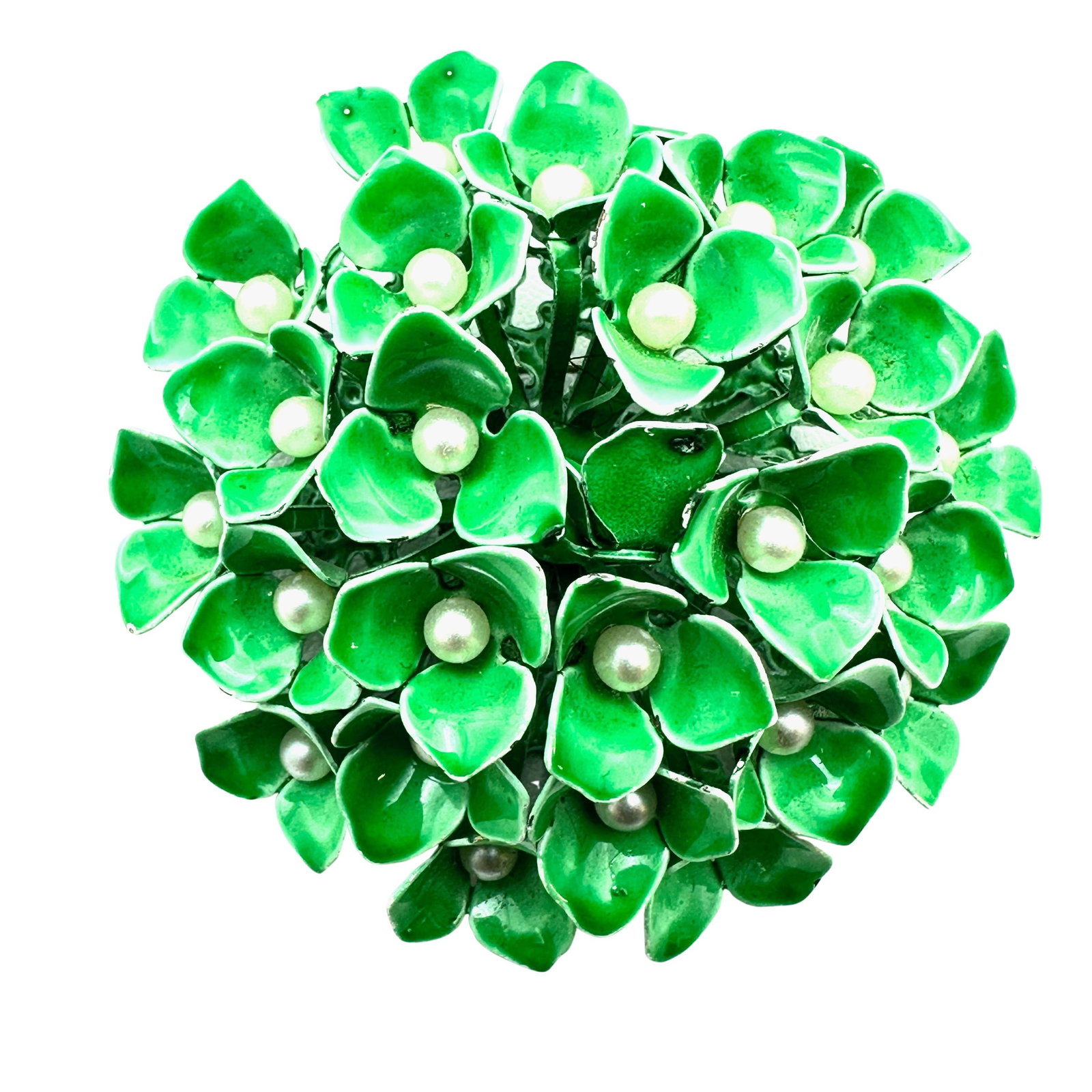 Vintage Mid Century Green Enamel Faux Pearl Flower Brooch Pin 2.5 Inch: Vintage Mid Century Green Enamel Faux Pearl Flower Brooch Pin 2.5 Inch