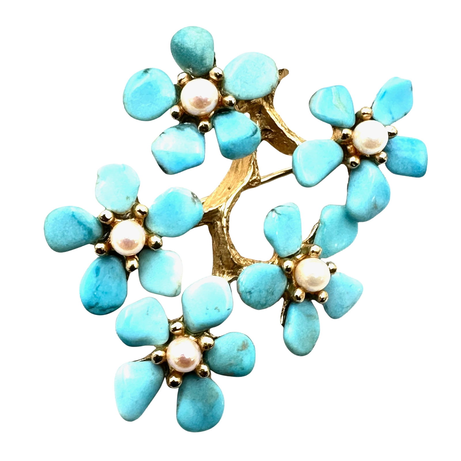 Vintage Swaboda Turquoise & Freshwater Pearl Flower Gold Tone Brooch Pin 2 Inch: Vintage Swaboda Turquoise & Freshwater Pearl Flower Gold Tone Brooch Pin 2 Inch