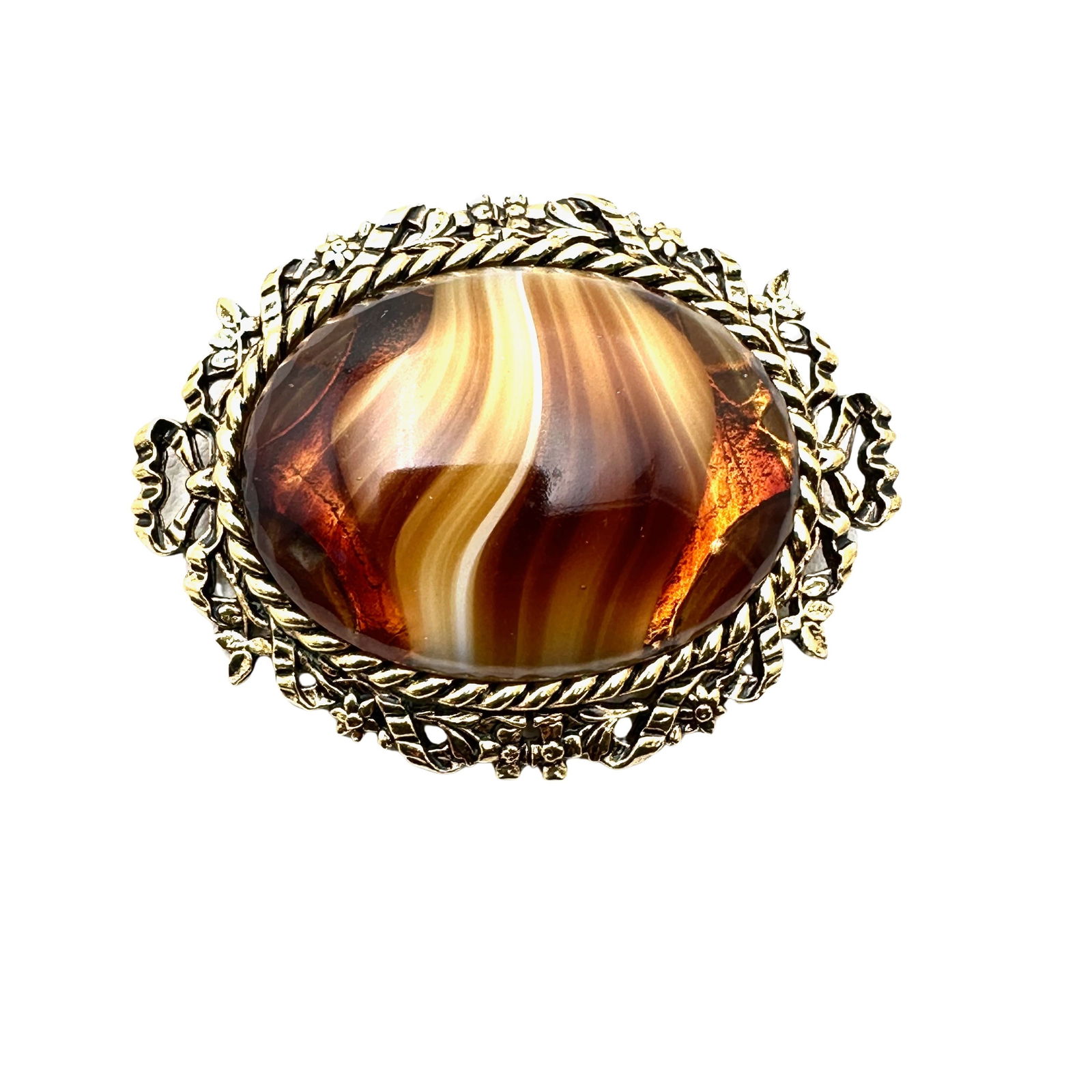 Vintage Arthur Pepper "Art" Striped Agate Glass Gold Tone Brooch Pin 2.25 Inch (1 of 2)