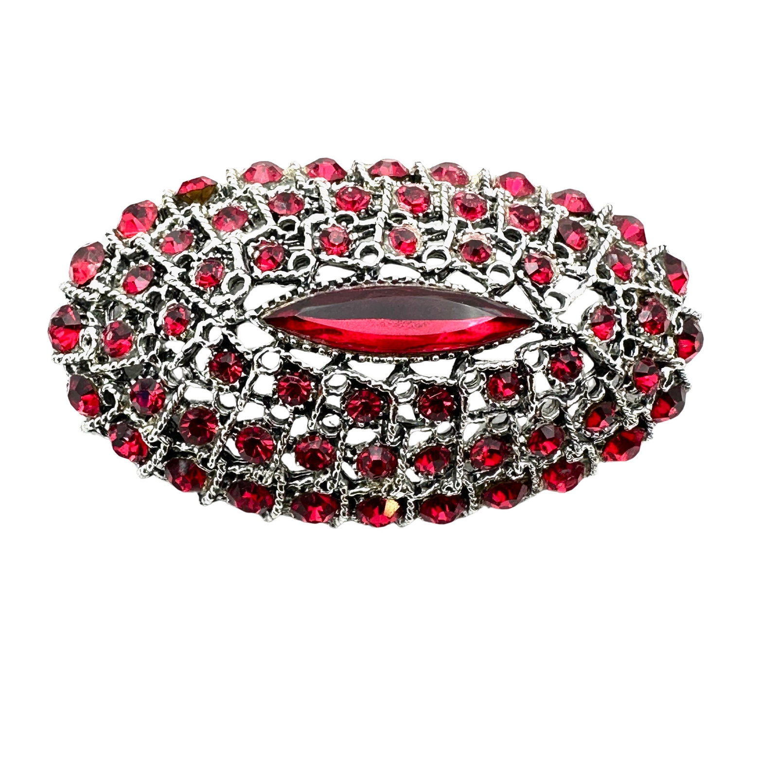 Vintage Arthur Pepper "Art" Red Glass Rhinestone Silver Tone Brooch Pin 2.5 Inch: Vintage Arthur Pepper "Art" Red Glass Rhinestone Silver Tone Brooch Pin 2.5 Inch