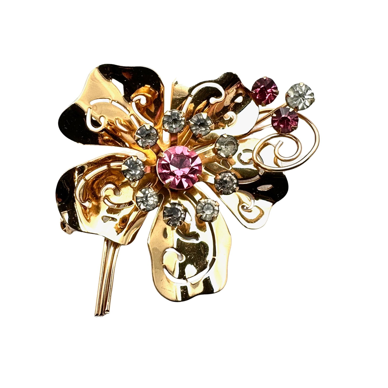 Vintage Coro Pink Rhinestone Gold Plated Flower Brooch Pin 2.5 Inch: Vintage Coro Pink Rhinestone Gold Plated Flower Brooch Pin 2.5 Inch