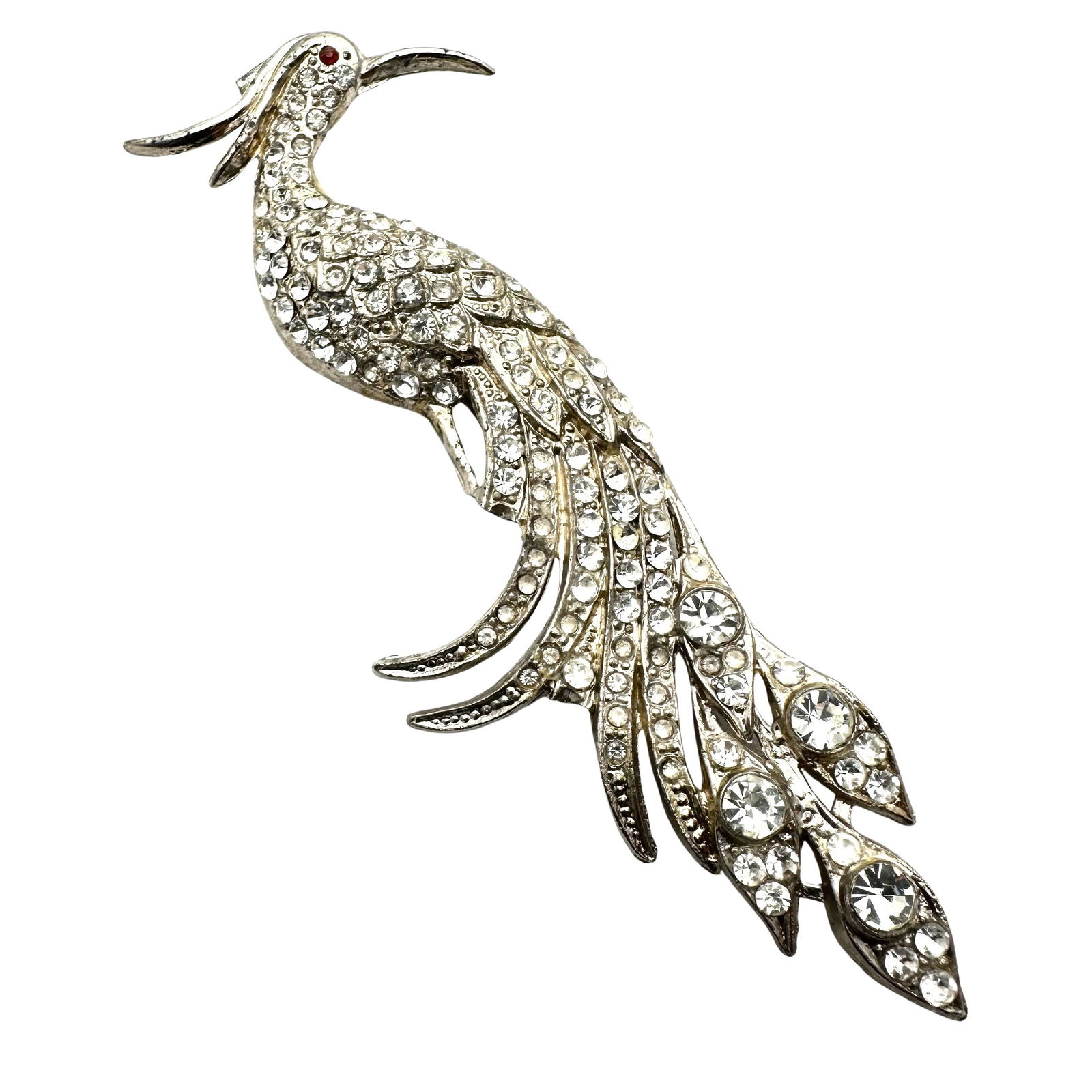 Antique Clear Rhinestone Silver Pot Metal Large Bird Brooch Pin 5 Inch (1 of 2)