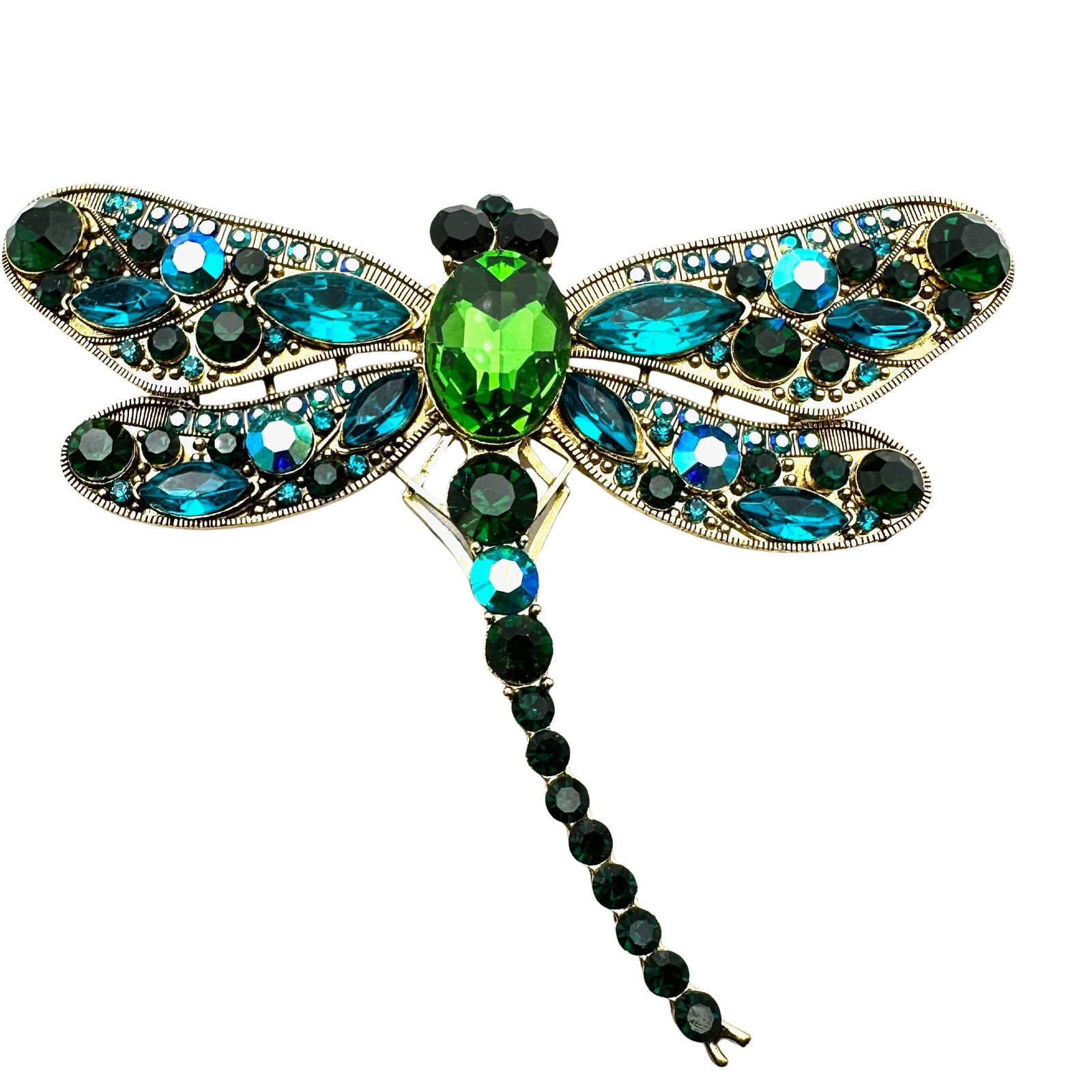 Vintage Blue Green Aurora Borealis Rhinestone Large Dragonfly Brooch Pin 4 Inch (1 of 2)