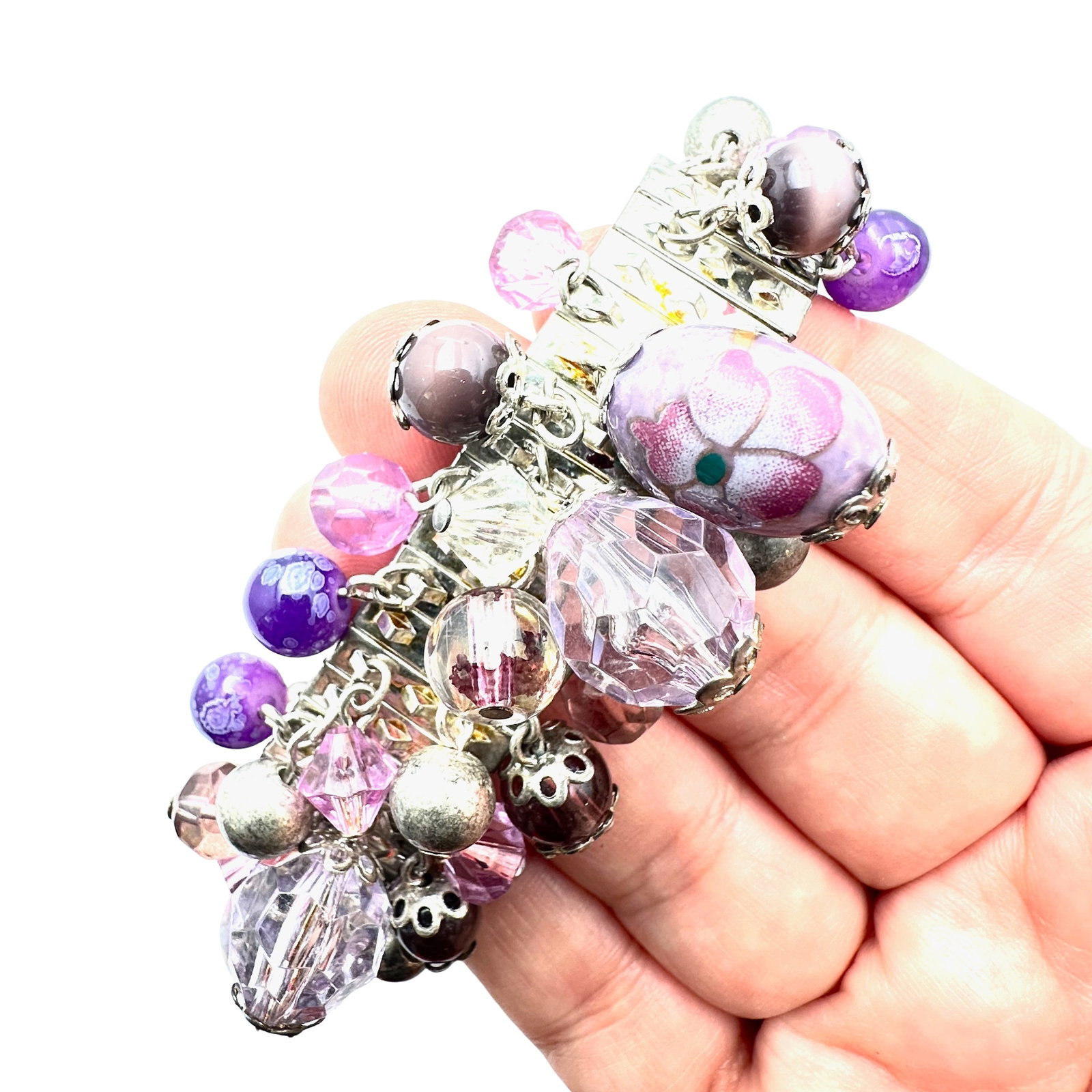 Vintage Purple Art Glass Crystal Bead Silver Tone Expansion Bracelet: Vintage Purple Art Glass Crystal Bead Silver Tone Expansion Bracelet