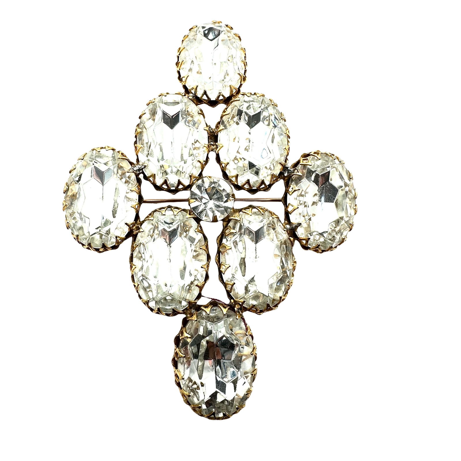 Vintage Large Clear Glass Rhinestone Gold Tone Brooch Pin 4 Inch (1 of 2)