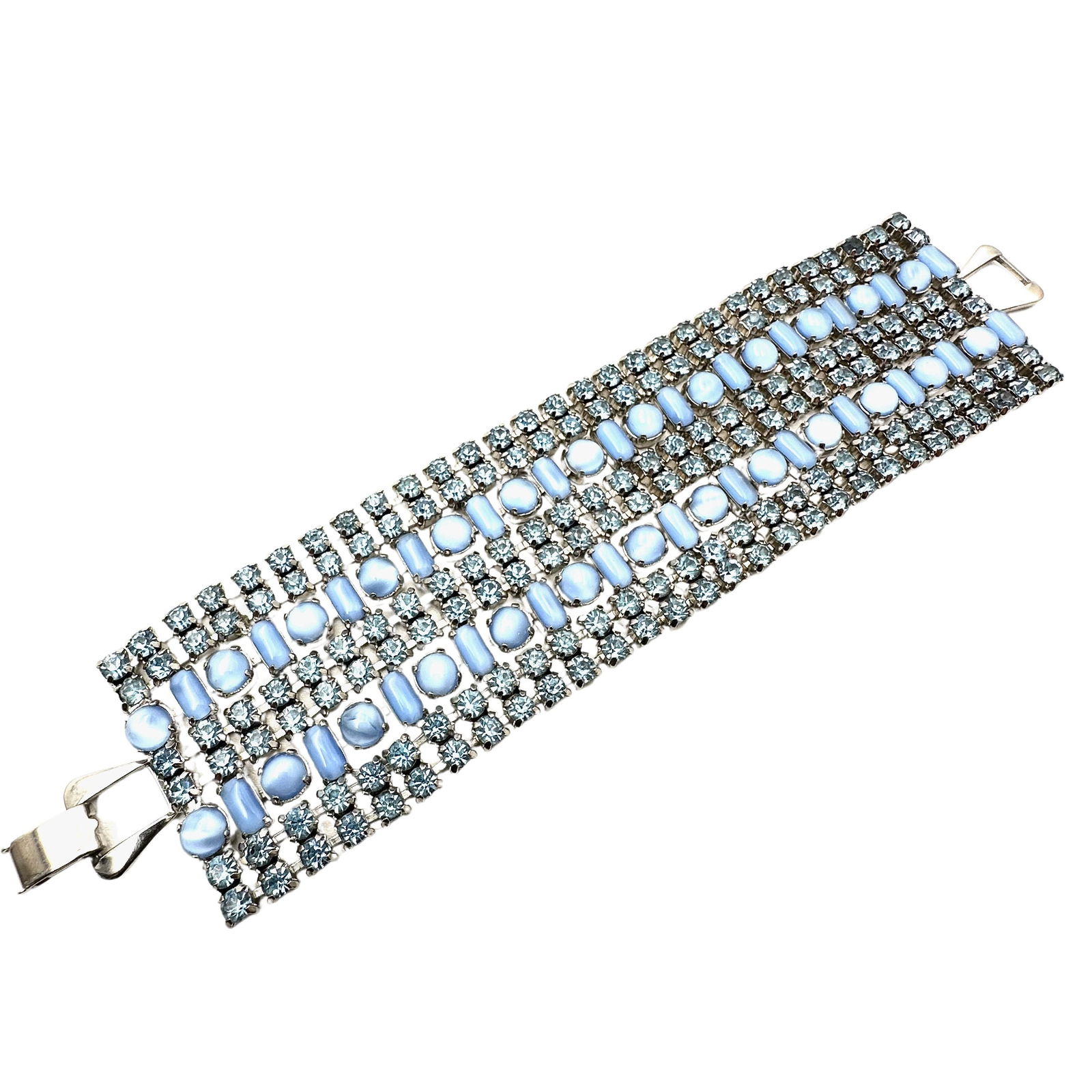 Vintage Extra Wide 2 Inch Blue Glass Rhinestone Cabochon Silver Tone Bracelet 7.5 Inch (1 of 2)