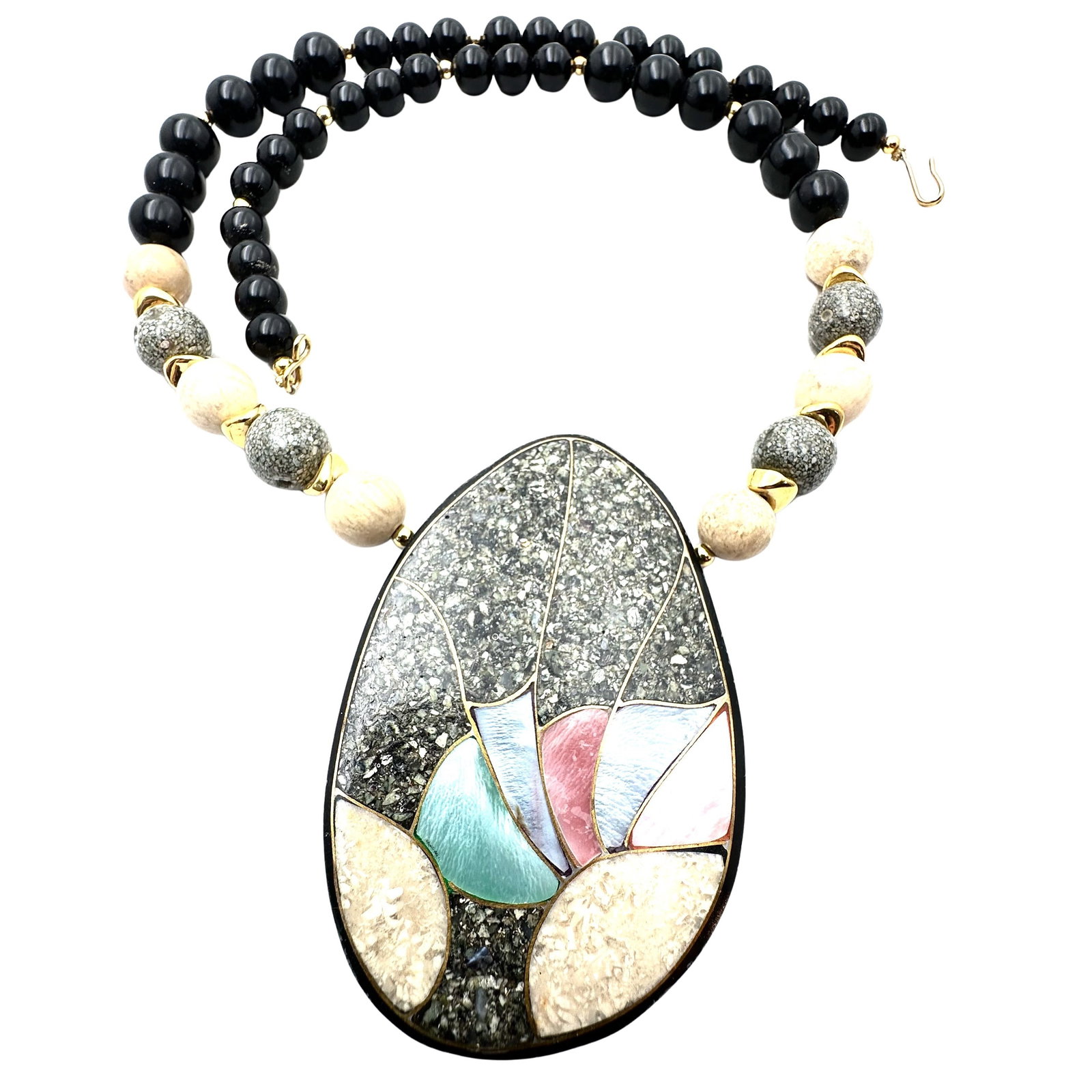 Vintage Lee Sands Inlay Multi Gemstone Pendant Bead Gold Tone Necklace 20 Inch: Vintage Lee Sands Inlay Multi Gemstone Pendant Bead Gold Tone Necklace 20 Inch