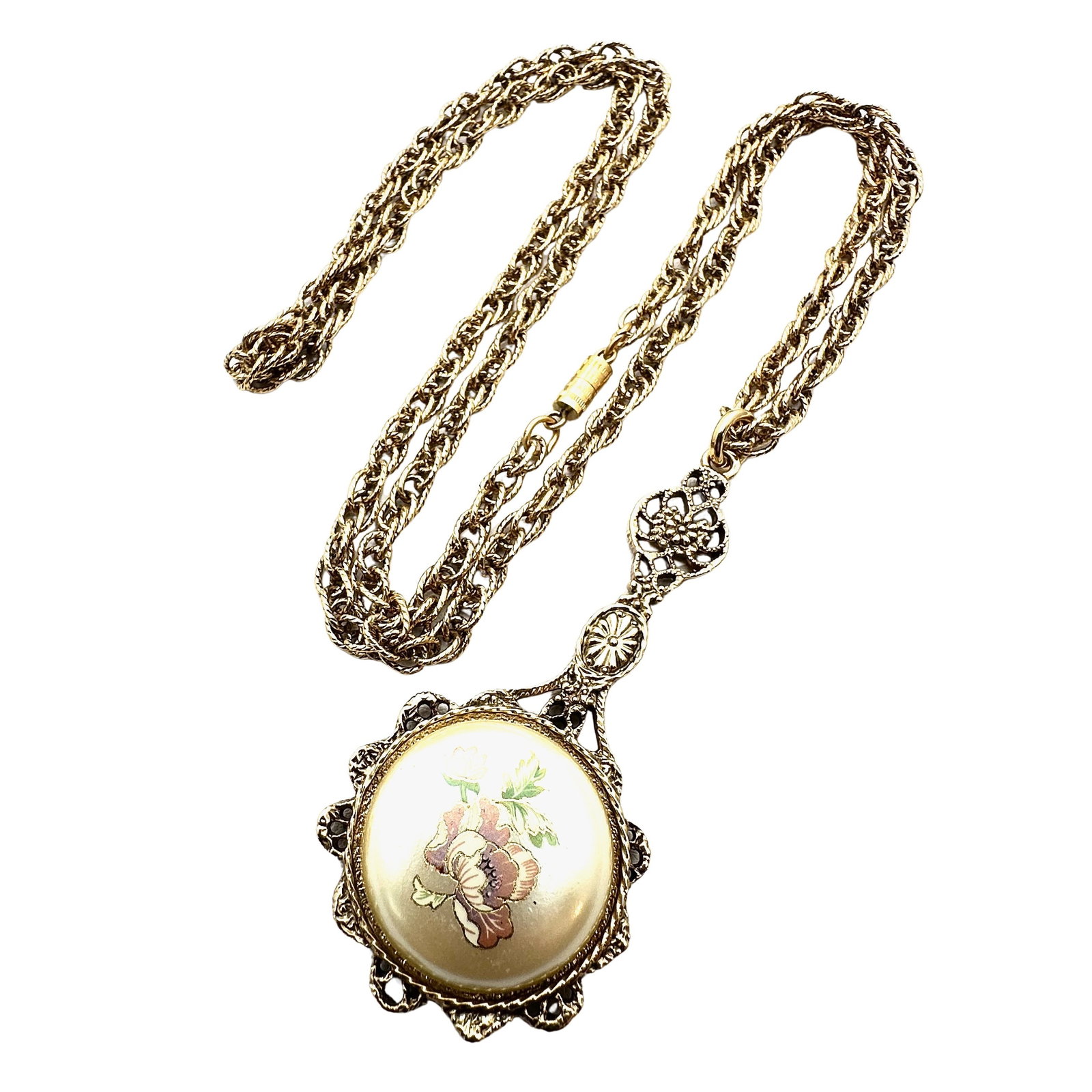 Vintage 1928 Fancy Mirror Pendant Gold Tone Chain 28 Inch Length: Vintage 1928 Fancy Mirror Pendant Gold Tone Chain 28 Inch Length