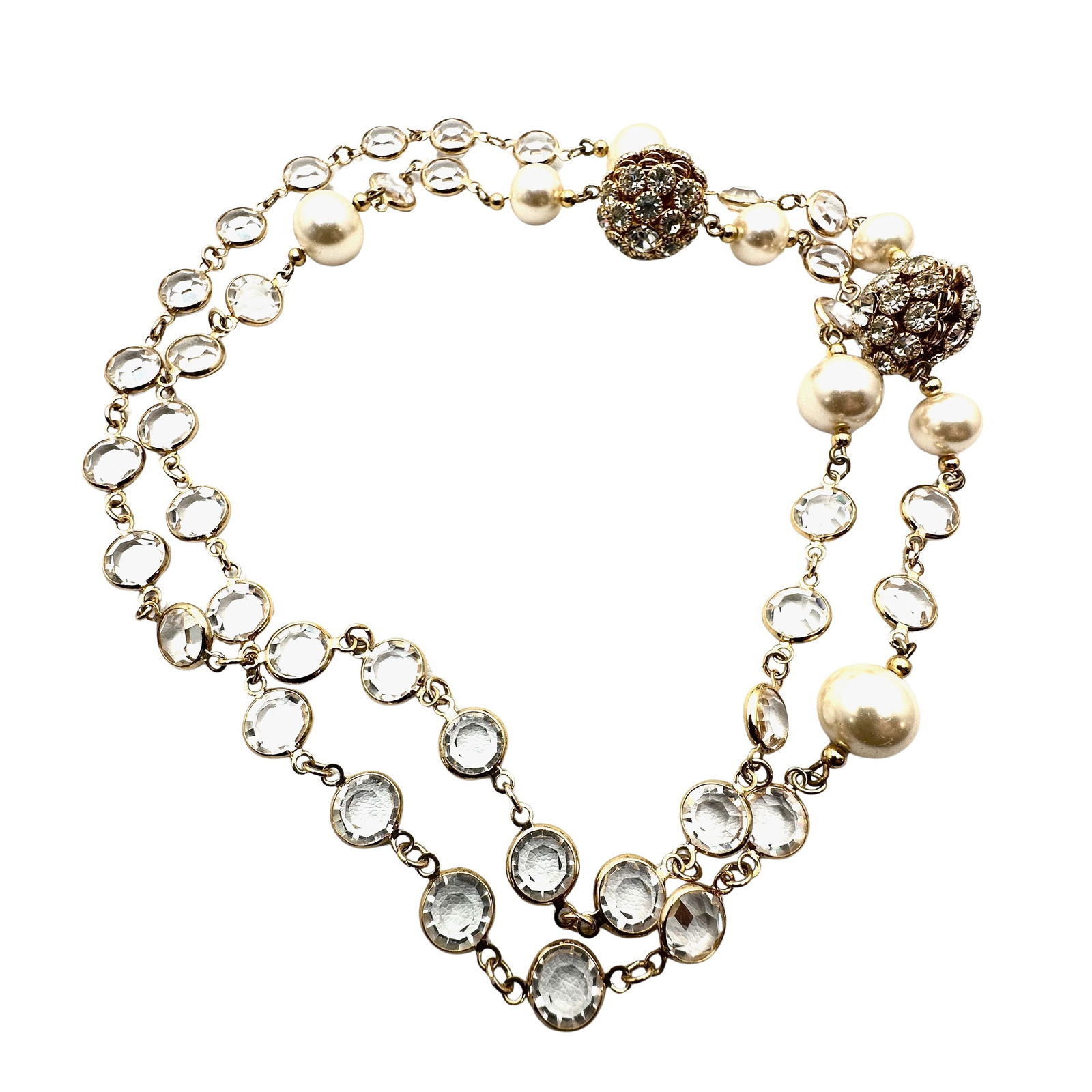 Vintage Bezel Set Crystal Rhinestone Ball Bead Faux Pearl Gold Tone Necklace 32 Inch Length (1 of 2)