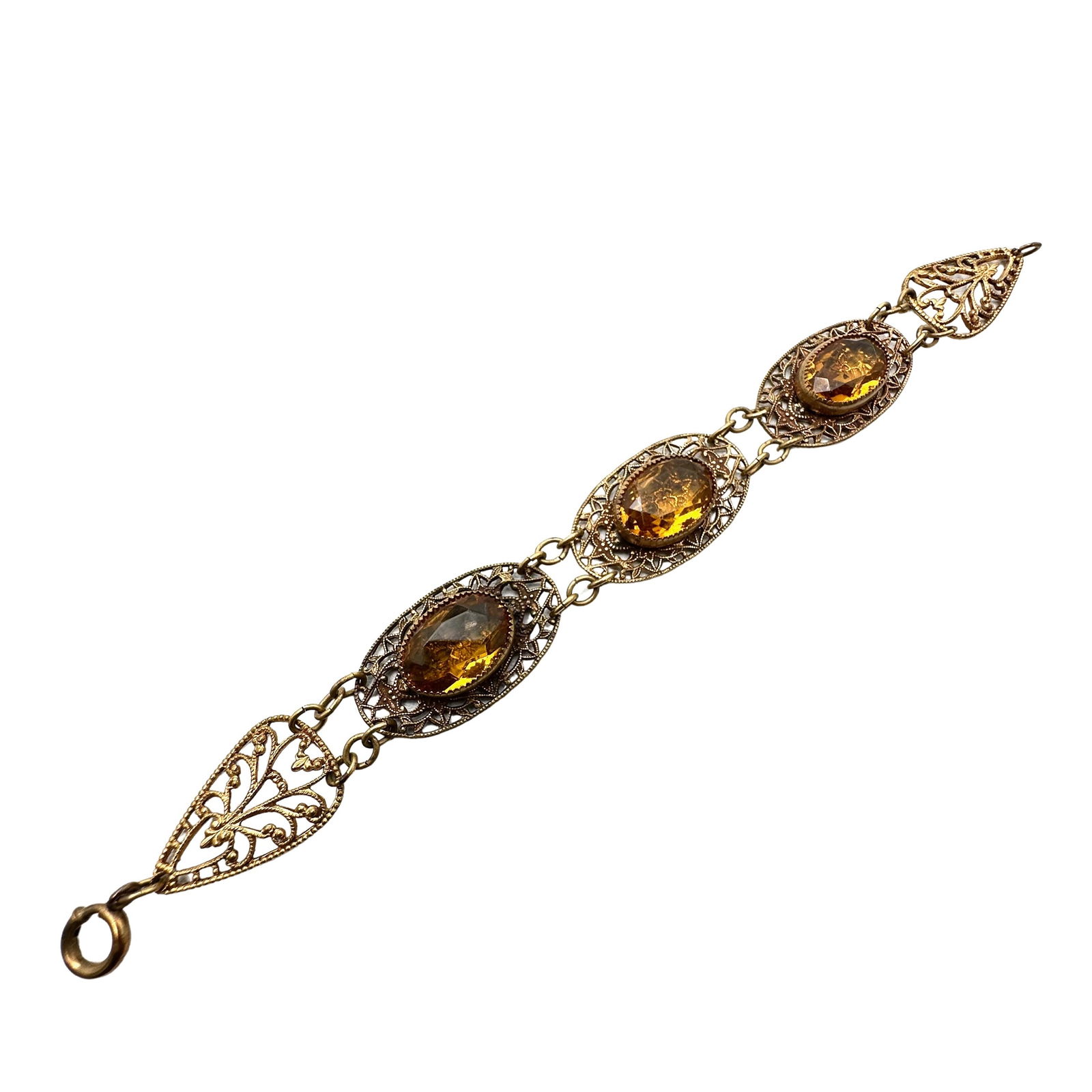 Vintage Amber Colored Czech Glass Antiqued Gold Tone Bracelet 7 Inch: Vintage Amber Colored Czech Glass Antiqued Gold Tone Bracelet 7 Inch