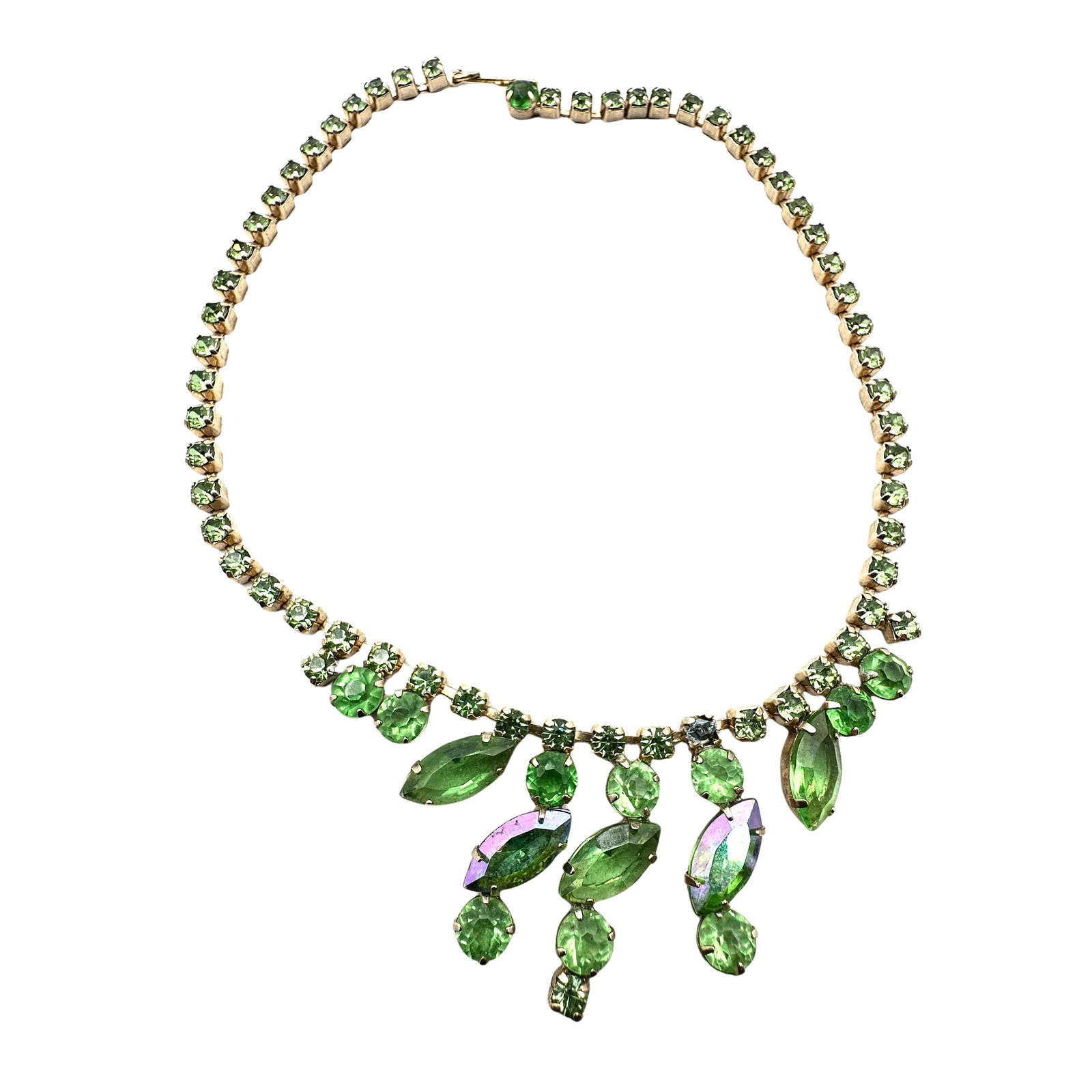 Vintage Green Glass Rhinestone Gold Tone Necklace 15 Inch: Vintage Green Glass Rhinestone Gold Tone Necklace 15 Inch