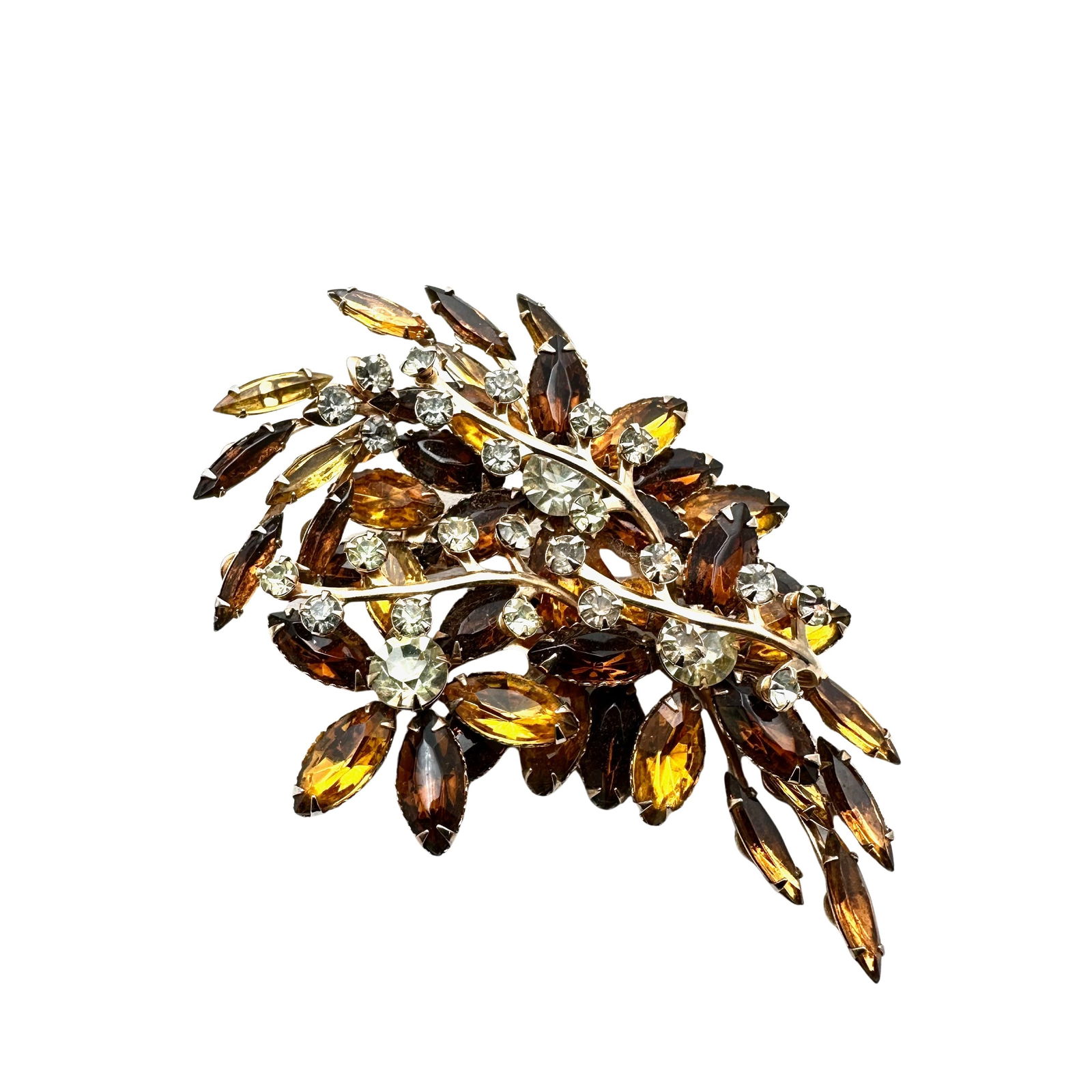 Vintage Amber Glass Rhinestone Gold Tone Brooch Pin 3.5 Inch Beau Jewels or Judy Lee: Vintage Amber Glass Rhinestone Gold Tone Brooch Pin 3.5 Inch Beau Jewels or Judy Lee