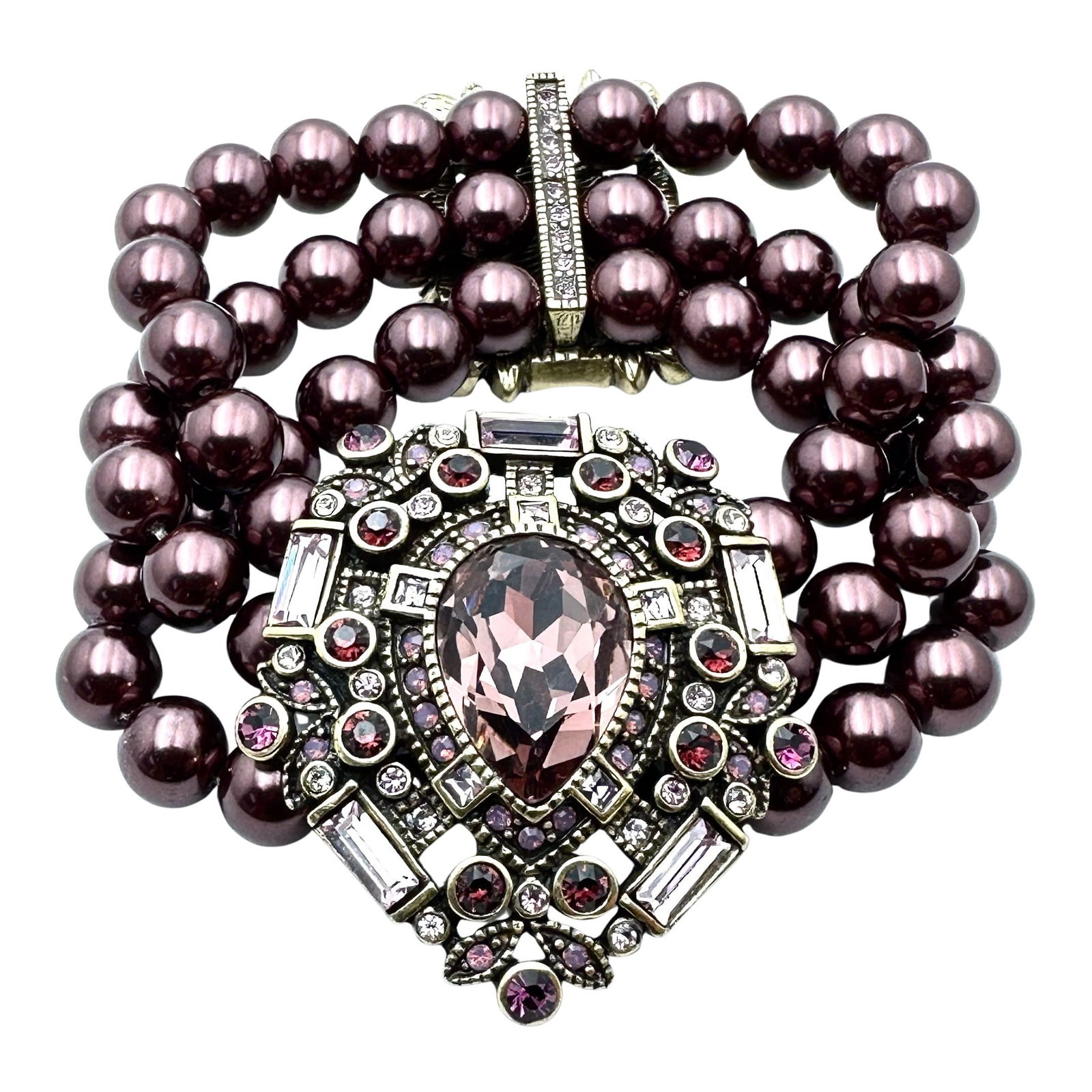 Vintage Heidi Daus Purple Crystal Pearl Bracelet Expandable Size Antiqued Gold Tone (1 of 2)