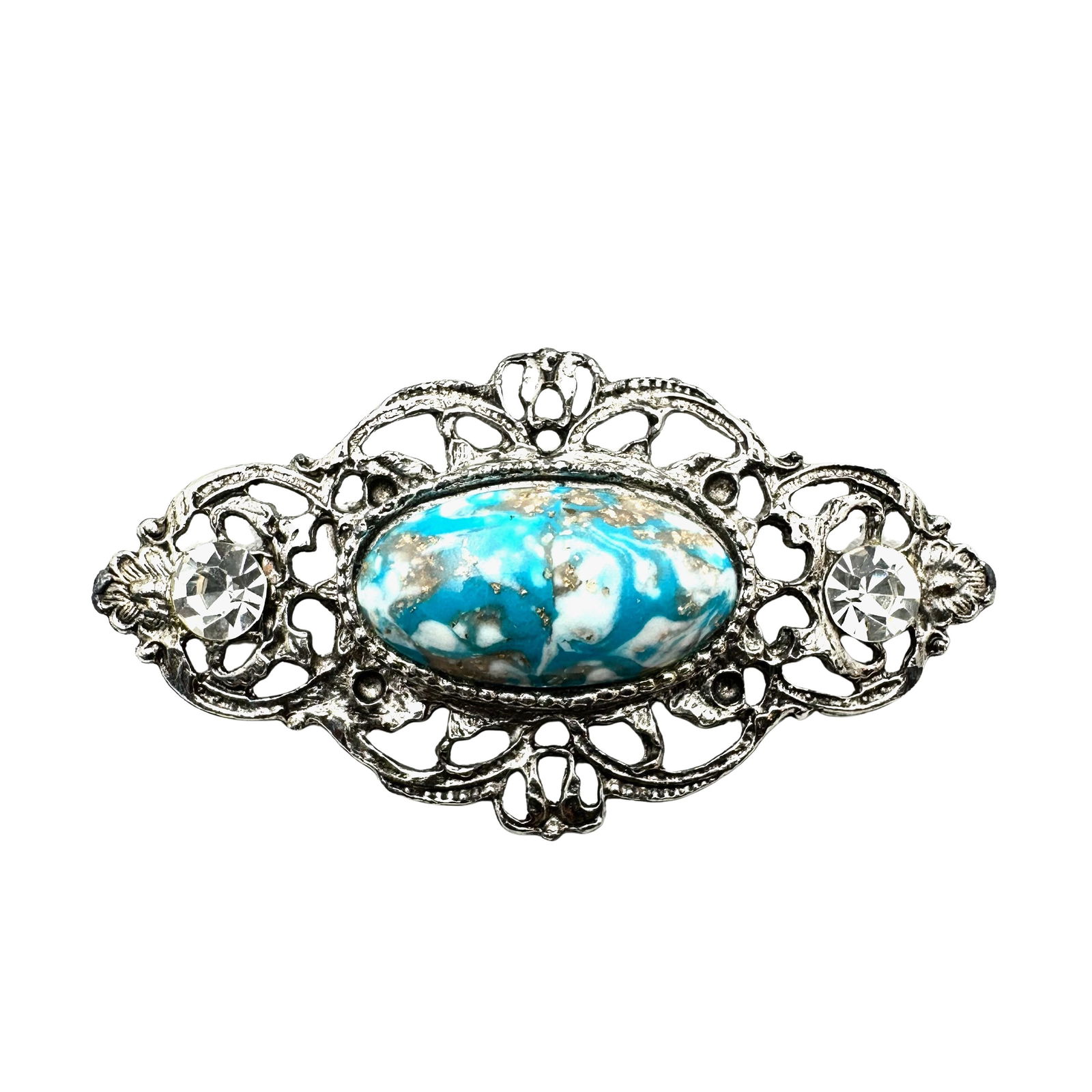 Vintage Blue Art Glass Oval Stone Clear Rhinestone Silver Tone Brooch Pin (1 of 2)