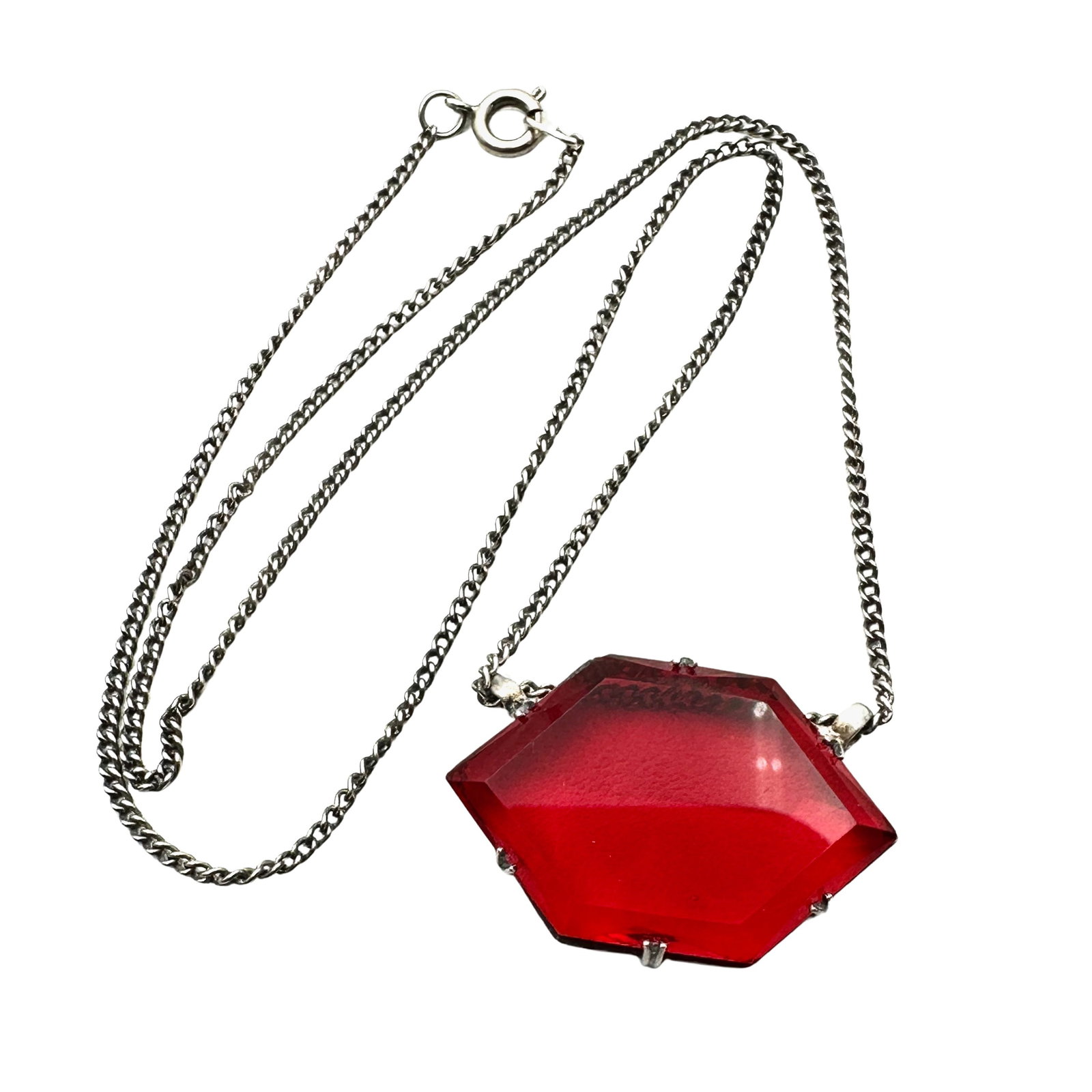Vintage Red Czech Glass Silver Tone Necklace 17 Inch: Vintage Red Czech Glass Silver Tone Necklace 17 Inch