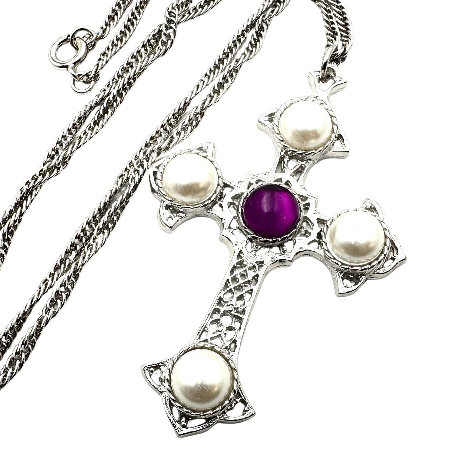 Vintage Sarah Coventry Purple Cabochon Faux Pearl Silver Tone Cross Pendant Necklace: Vintage Sarah Coventry Purple Cabochon Faux Pearl Silver Tone Cross Pendant Necklace
