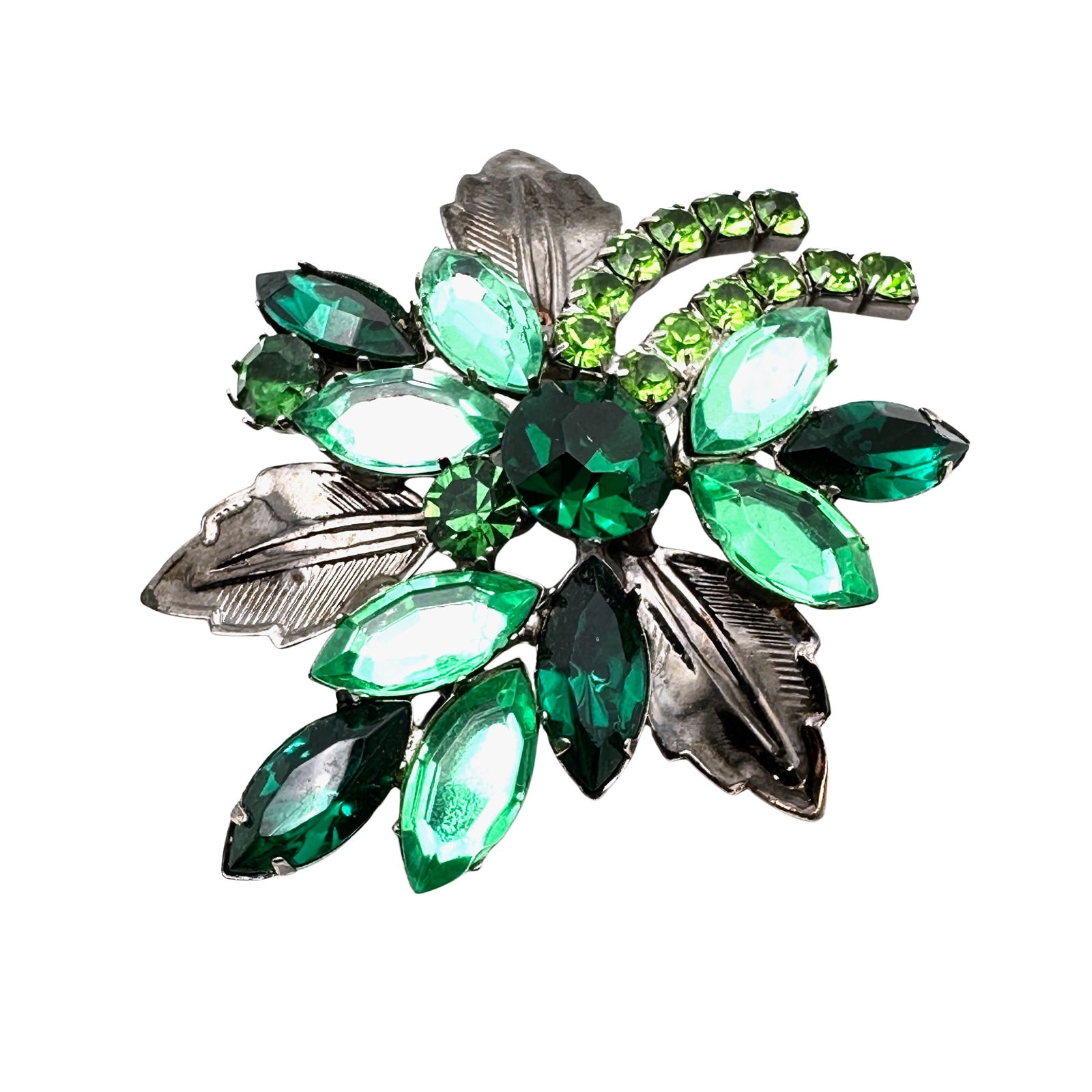 Vintage Green Rhinestone Silver Tone Brooch Pin 2.5 Inch (1 of 2)