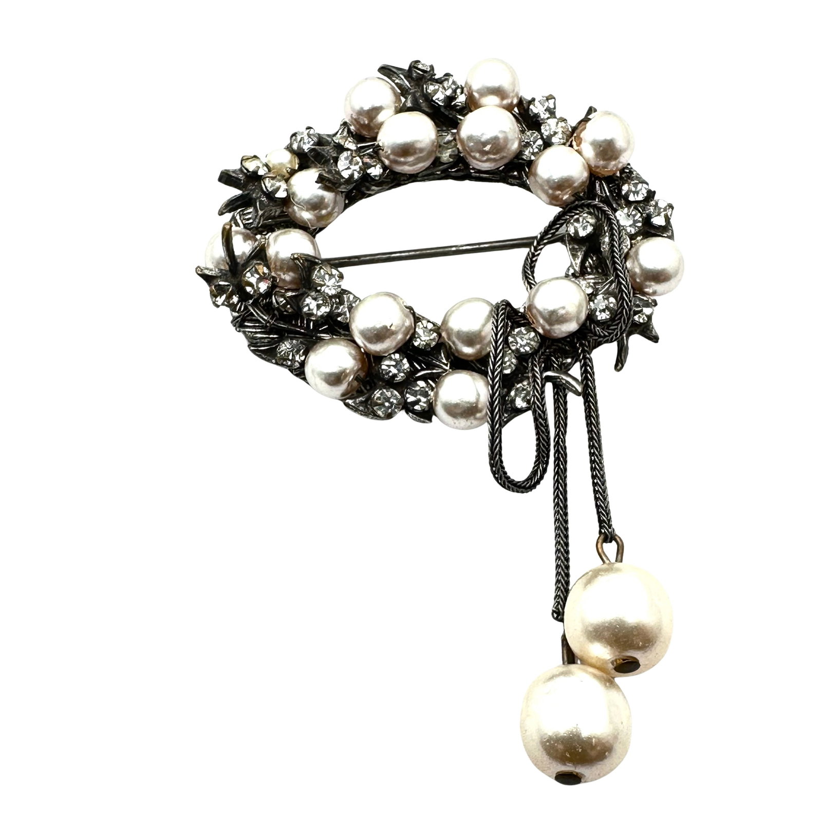 Vintage Miriam Haskell Baroque Pearl Clear Rhinestone Silver Tone Wired Brooch Pin 1.75 Inch (1 of 2)
