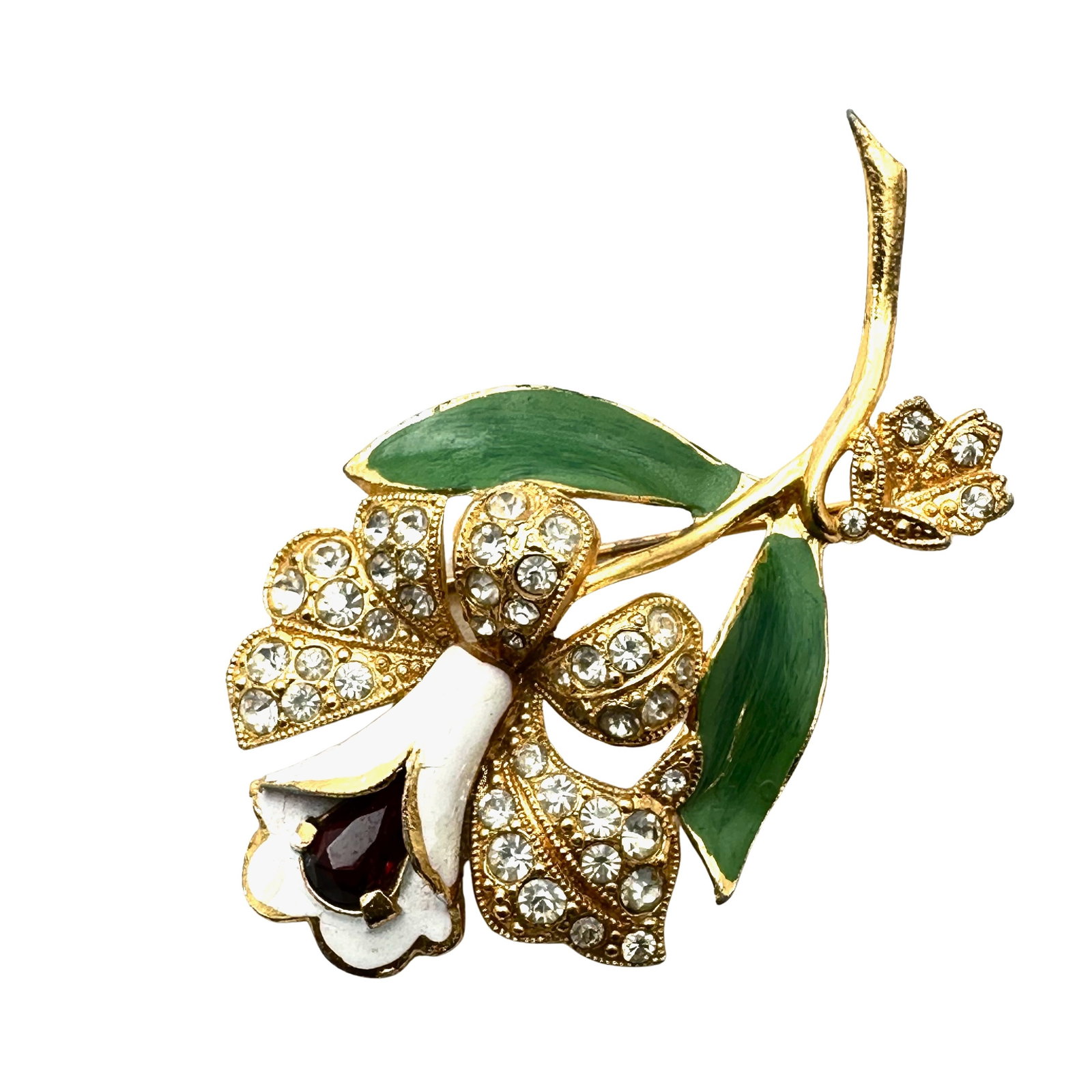 Vintage Antique Rhinestone Enamel Gold Over Silver Pot Metal Flower Brooch Pin 2.5 Inch: Vintage Antique Rhinestone Enamel Gold Over Silver Pot Metal Flower Brooch Pin 2.5 Inch