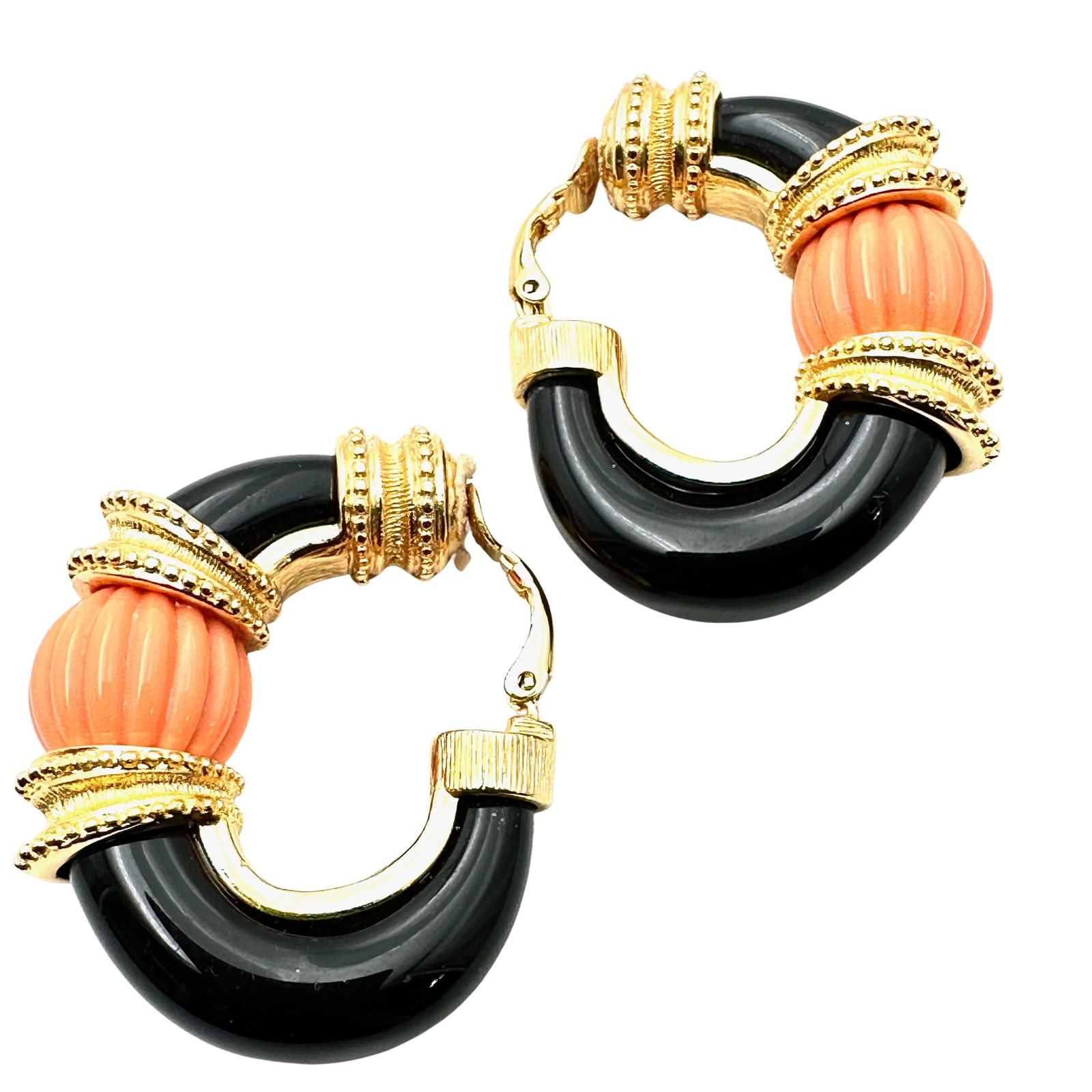 Vintage Kenneth Jay Lane Black Enamel Faux Coral Hoop Clip Earrings 1.5 Inch (1 of 2)