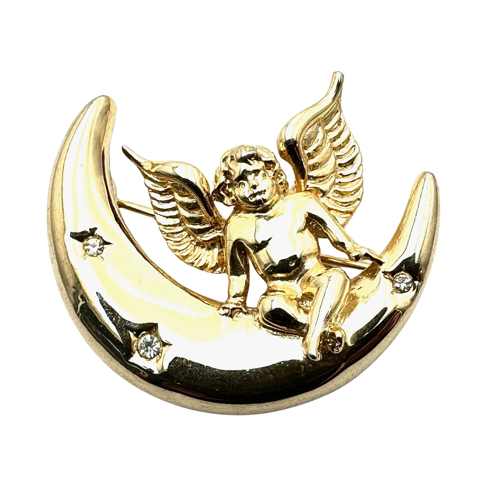 Vintage Givenchy Angel Cherub on Moon Clear Crystal Gold Tone Brooch Pin 1.75 Inch (1 of 2)