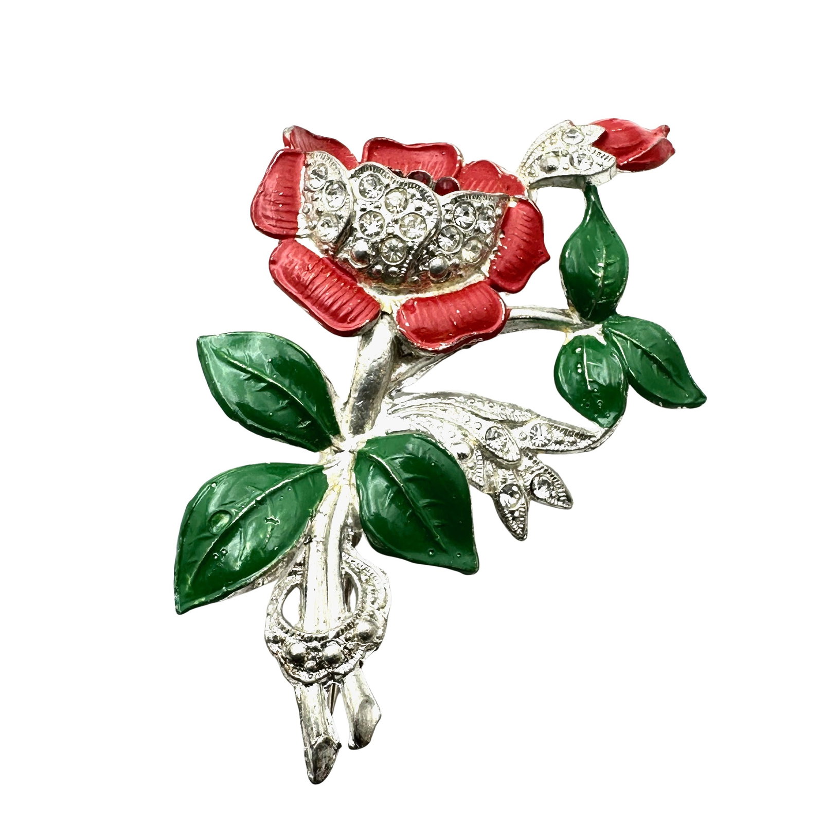 Antique Vintage Enamel Rhinestone Silver Pot Metal Brooch Pin 3 Inch: Antique Vintage Enamel Rhinestone Silver Pot Metal Brooch Pin 3 Inch