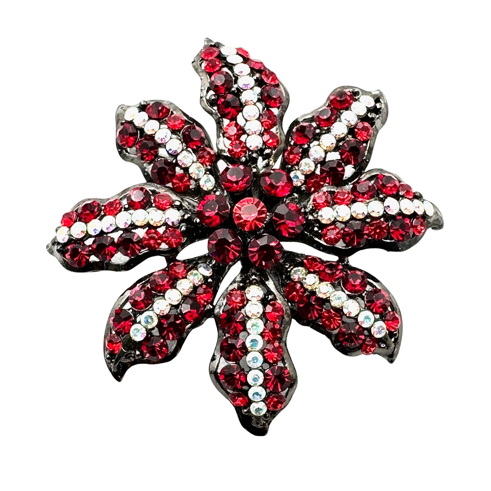 Red and Clear Rhinestone Japanned Metal Flower Brooch Pin 2 Inch (1 of 2)