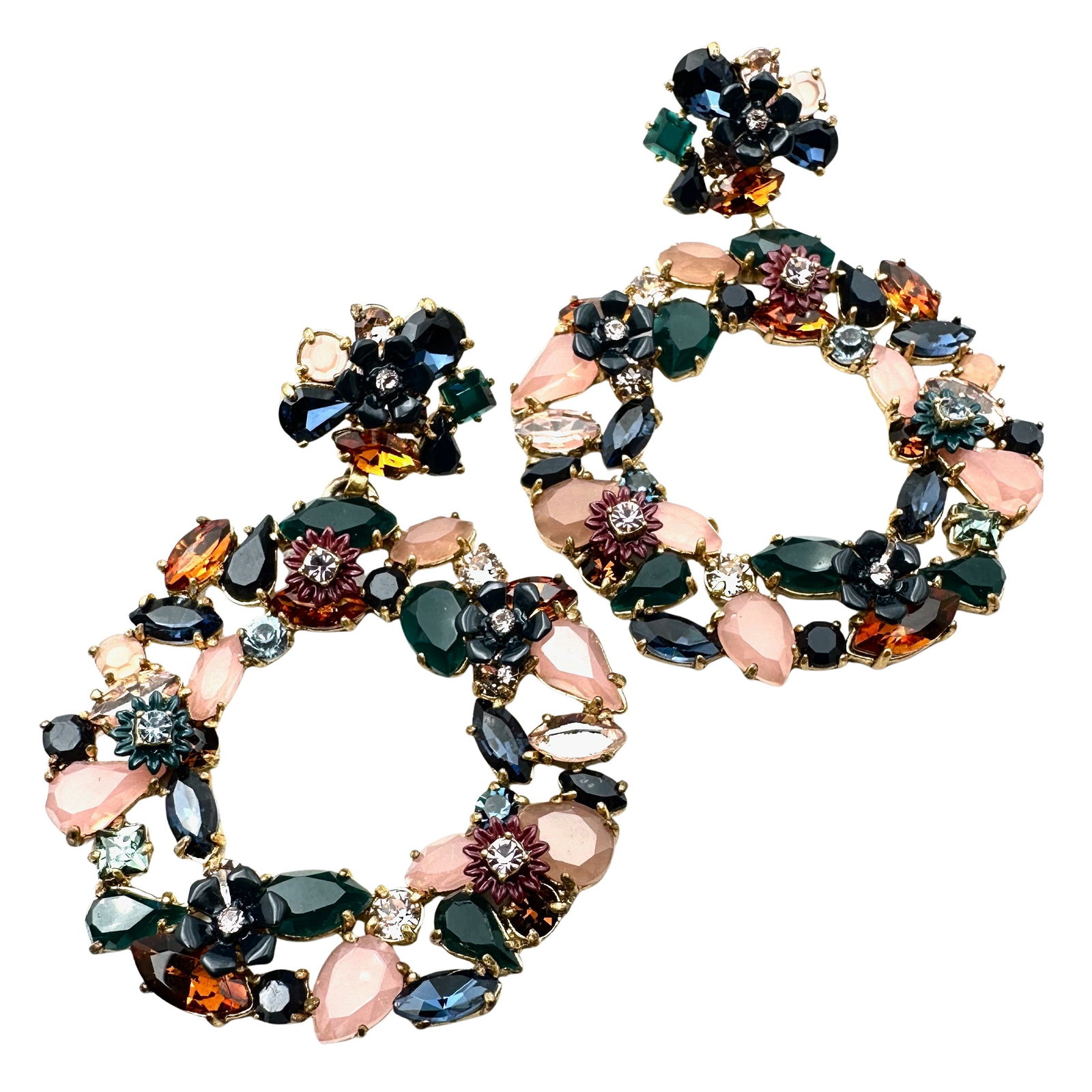 J Crew Rhinestone Crystal Gold tone Statement Pierced Earrings 2.5 Inch (1 of 2)