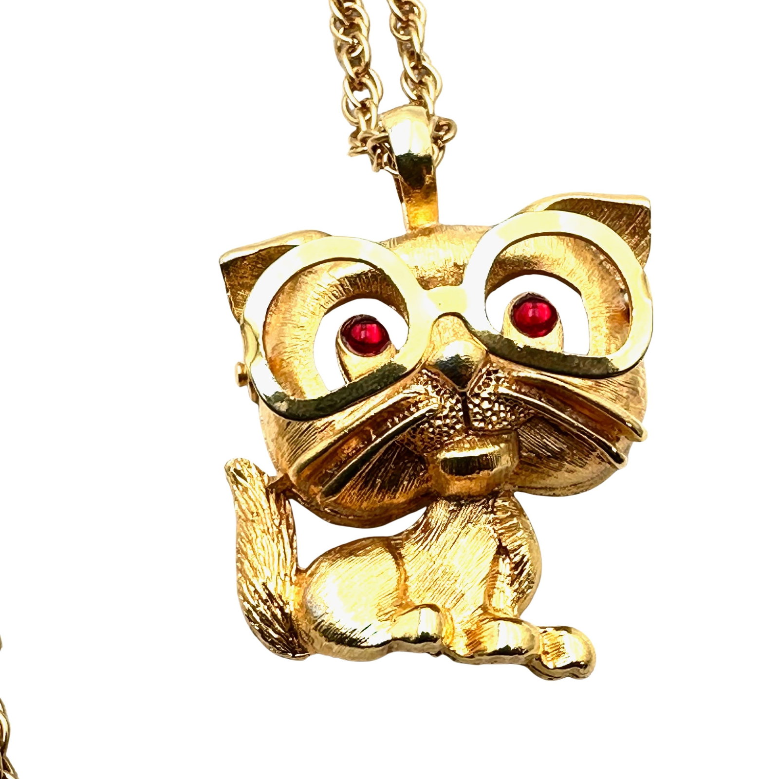 Vintage Gold Tone Cat with Glasses Pendant Necklace 24 Inch Length Chain: Vintage Gold Tone Cat with Glasses Pendant Necklace 24 Inch Length Chain