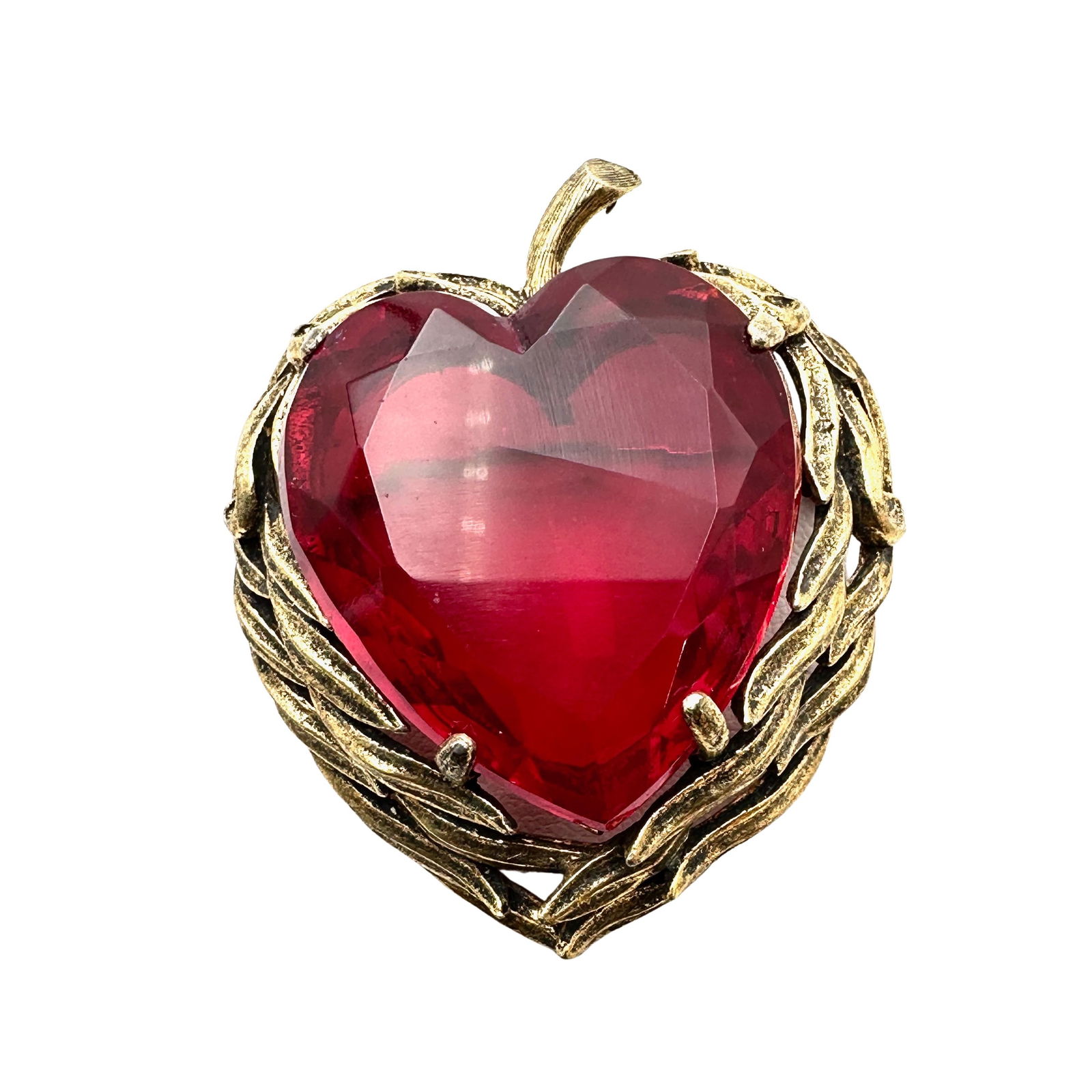 Vintage Capri Red Glass Heart Stone Pin Pendant Antiqued Gold Tone 2.25 Inch (1 of 2)