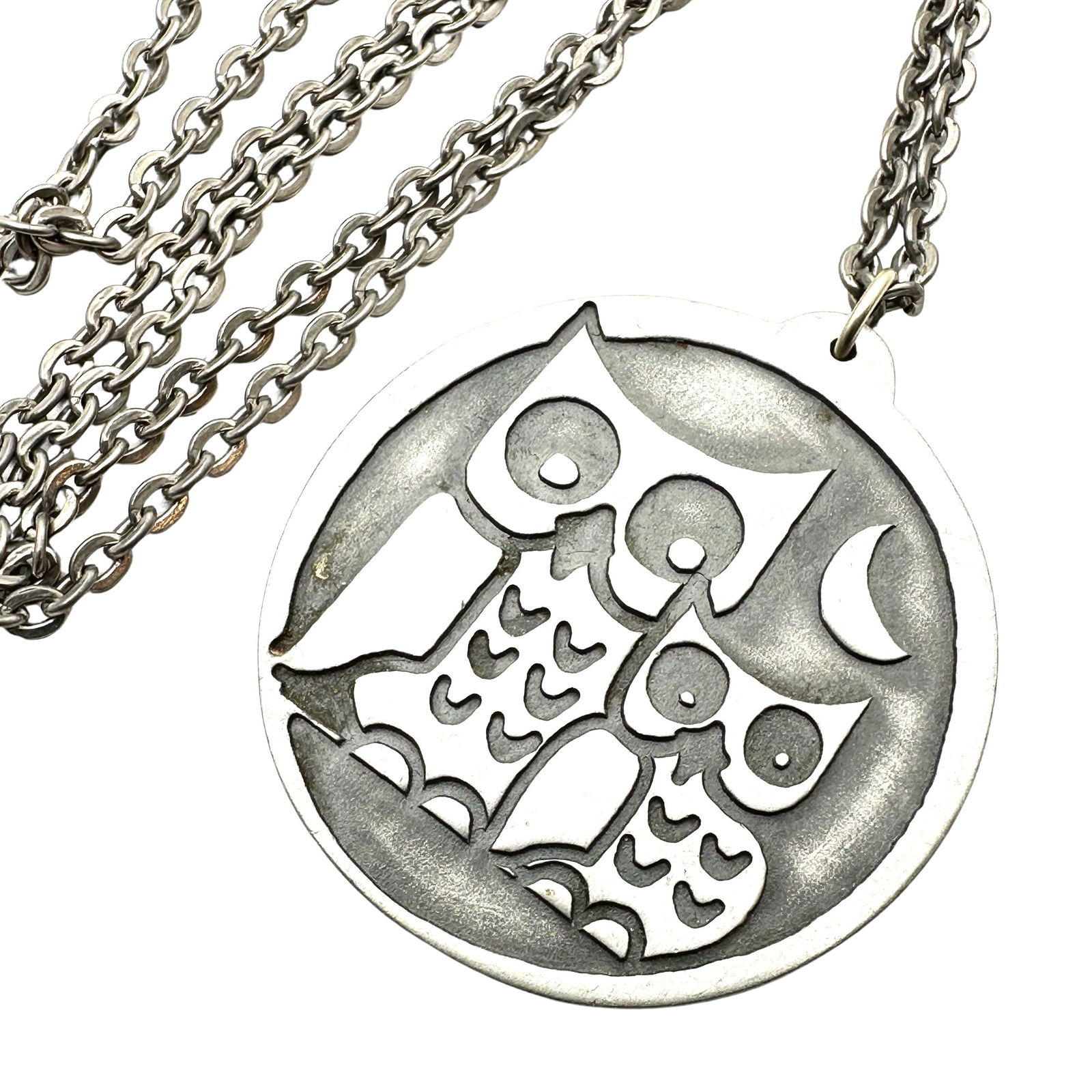 Vintage Jergen Jensen Denmark Pewter Owl Pendant Necklace 26 Inch Chain 2 Inch Pendant (1 of 2)