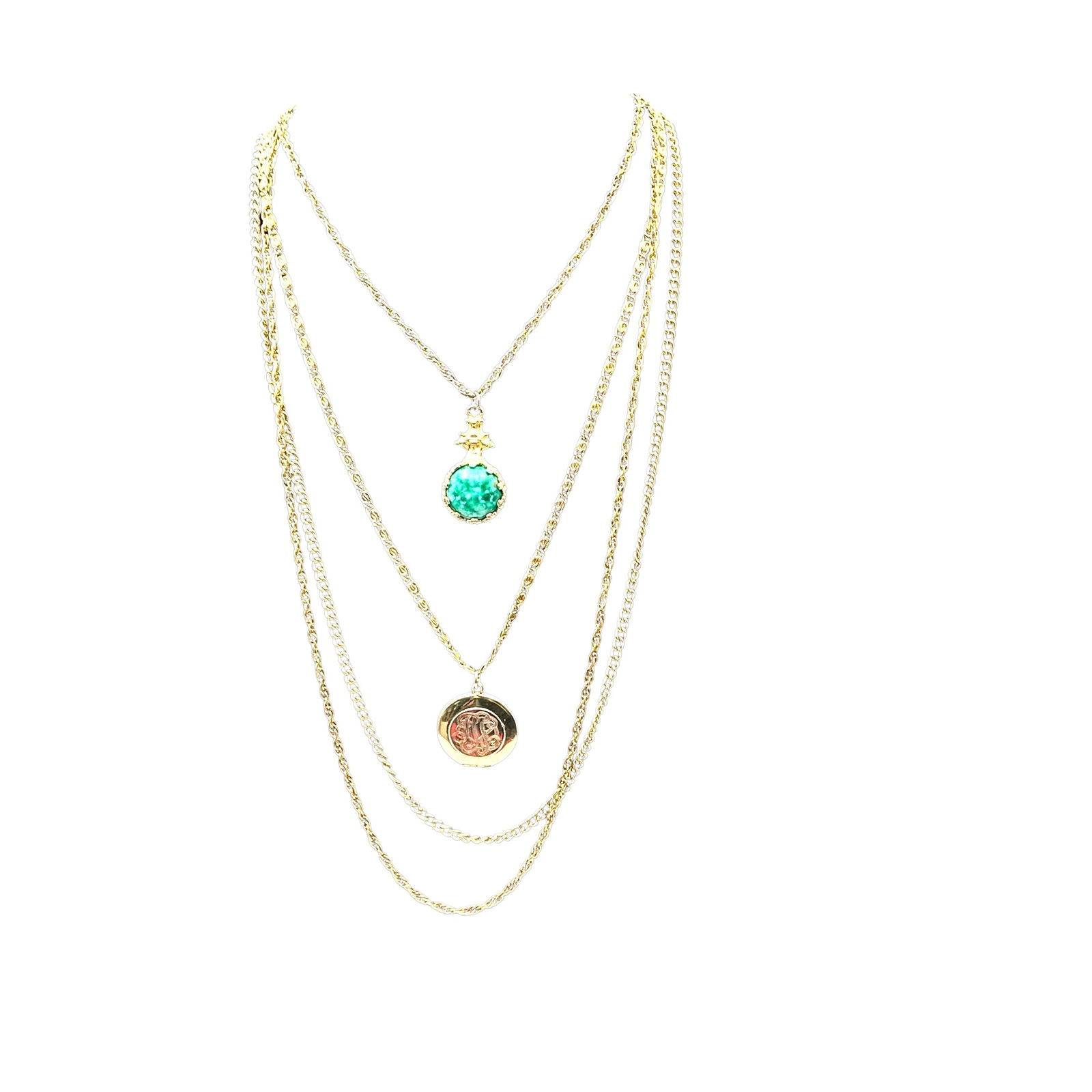 Vintage Unsigned Goldette Green Peking Glass Pendant & Picture Locket Multi Strand Gold Tone: Vintage Unsigned Goldette Green Peking Glass Pendant & Picture Locket Multi Strand Gold Tone Necklace 28 Inches